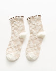 Scalloped Trim Floral Crew Socks · White