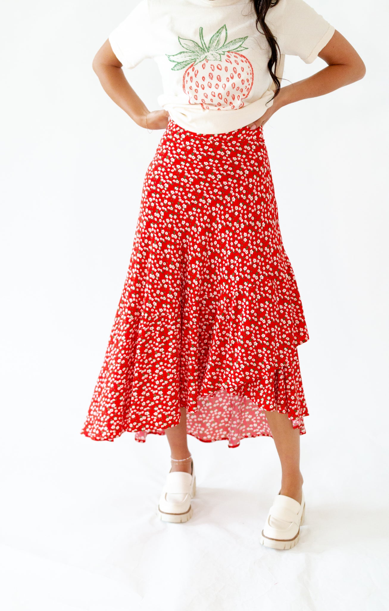 小物 Flower spangle wrap skirt Floral Print Knee Length Faux Wrap Skirt – Christopher & Banks