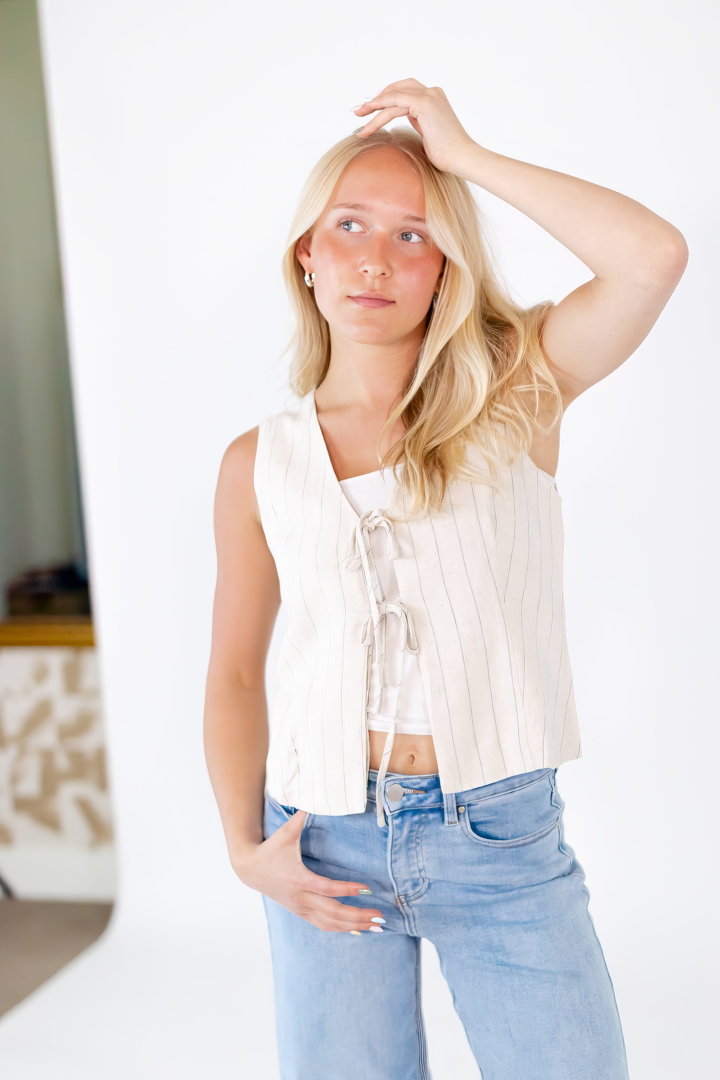 Gina Pinstripe Tie Front Vest