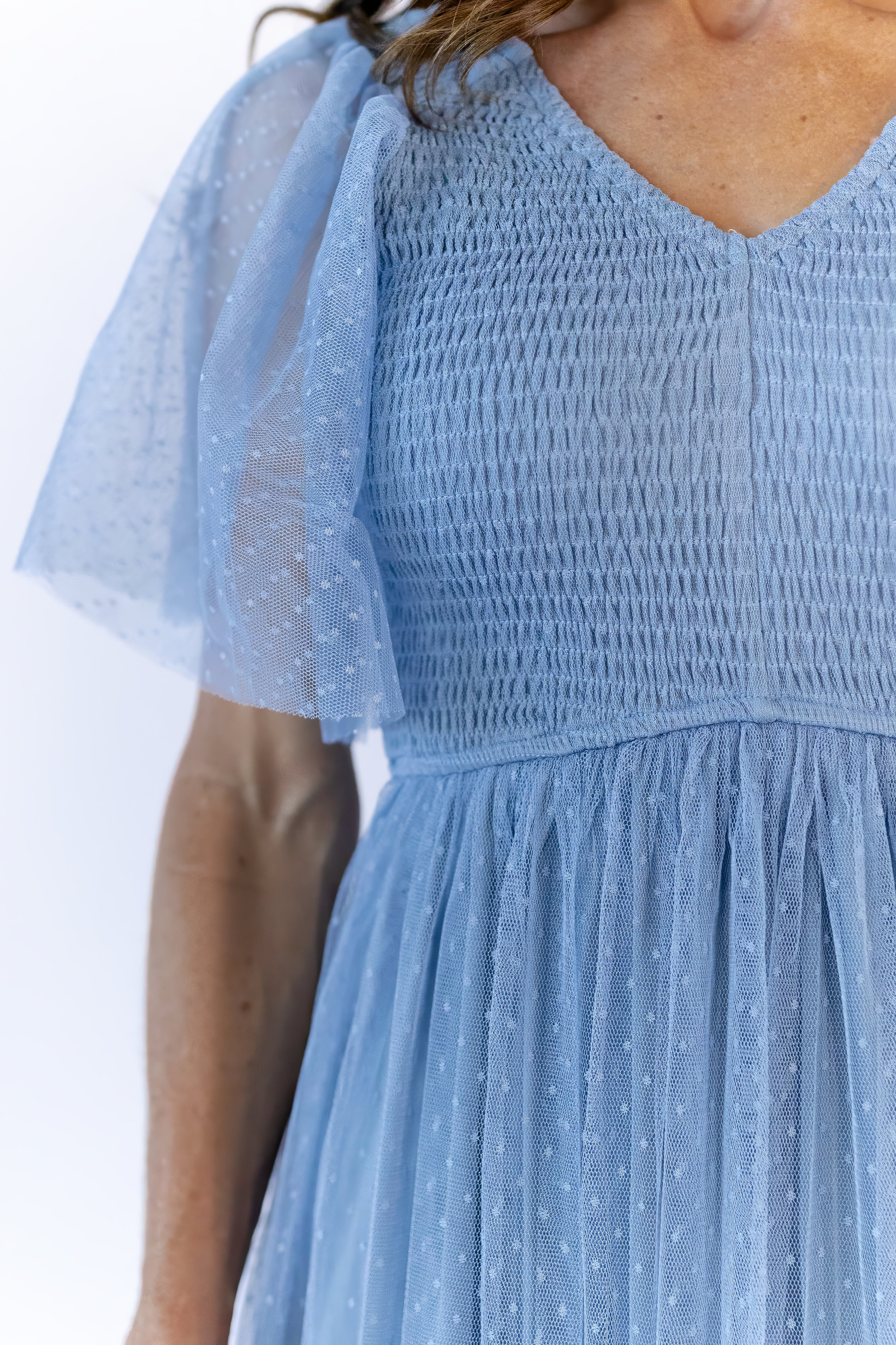 blue mesh puff sleeve dress Blue Ruched Mesh Dress With Puff Sleeves