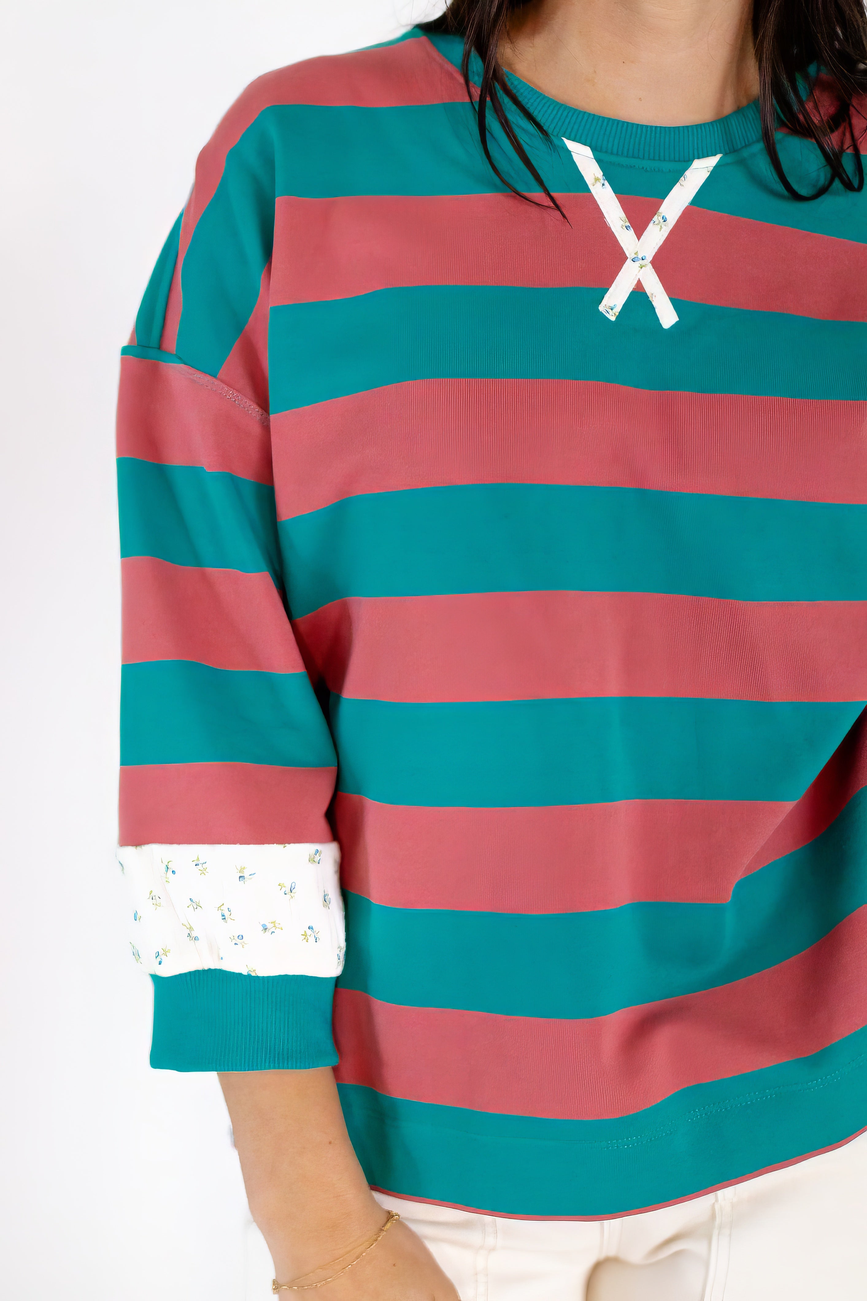 Bex Striped Floral Contrast Pullover
