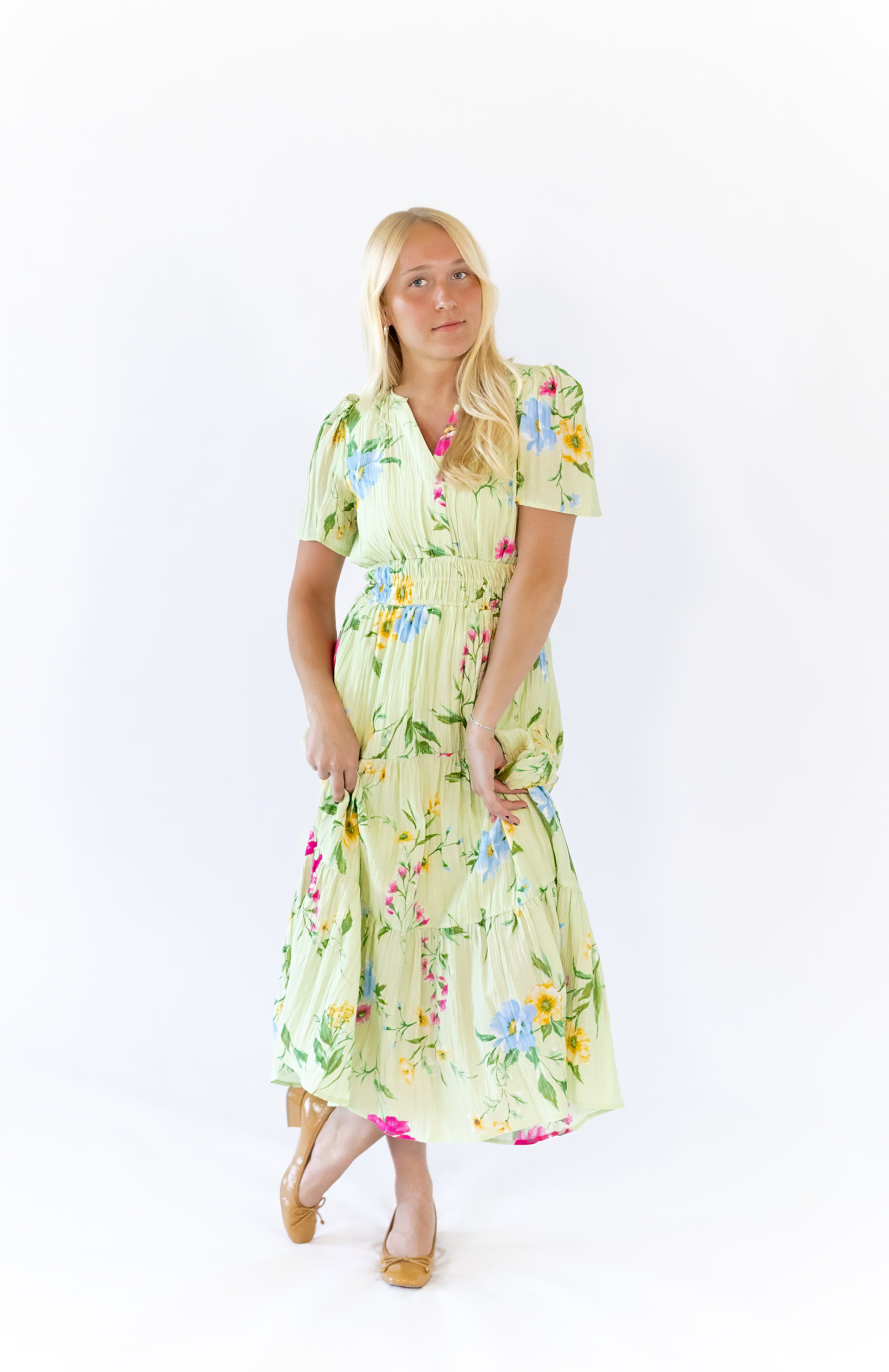 green and yellow floral midi dress ASTR the Label | Midsummer Floral Tiered Maxi Dress | Size M main image 0
