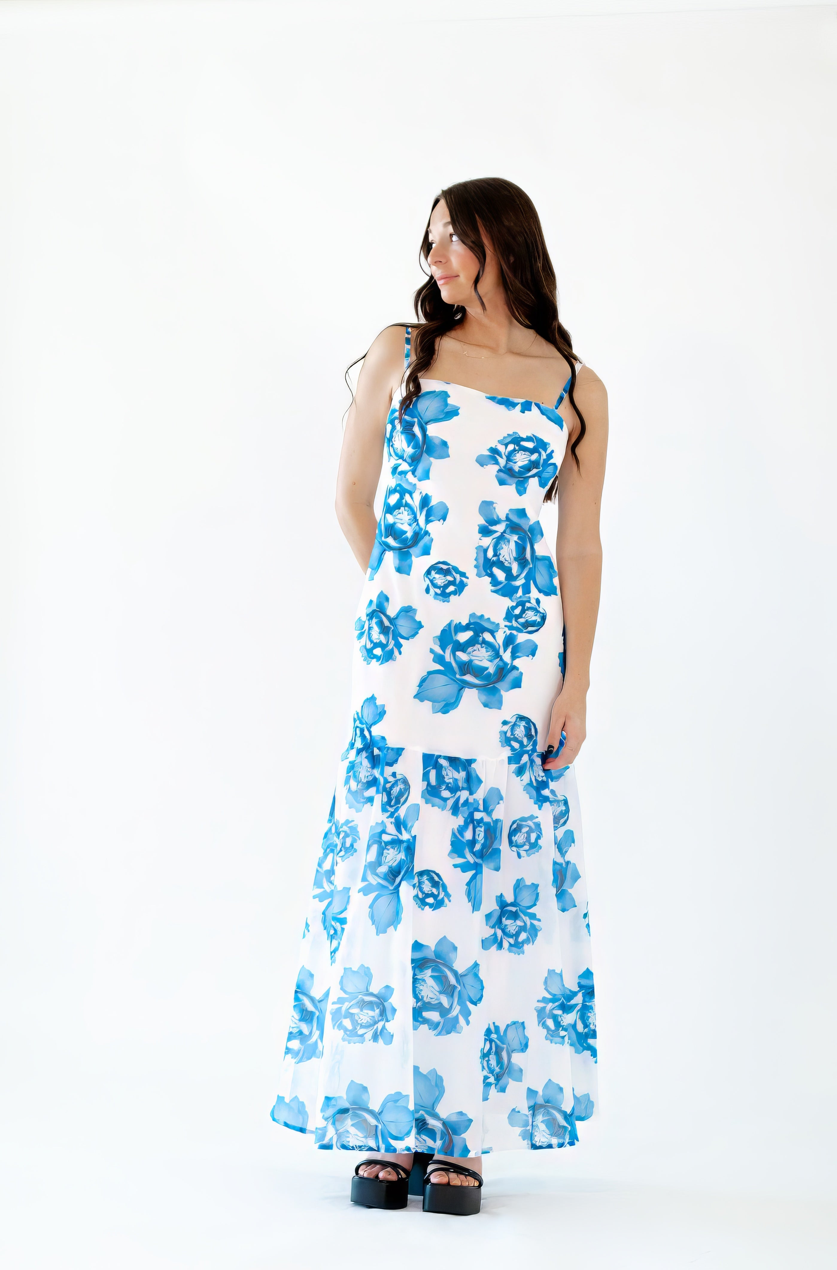 blue floral drop waist dress Delicate Dawn Floral Drop-Waist Bubble Mini Dress Retro Blue / M