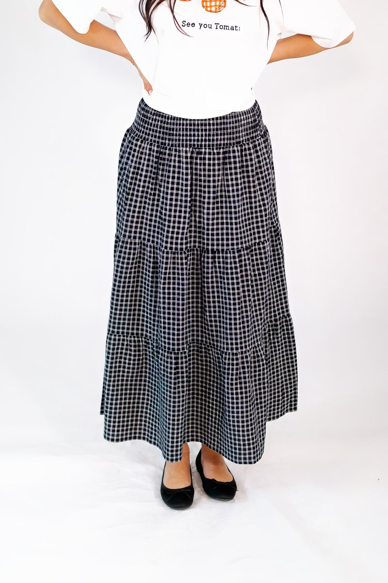 【AAKE】GINGHAM CHECK LONG SK Y2K Women Plaid Tiered Maxi Skirt Elastic High Waist Gingham