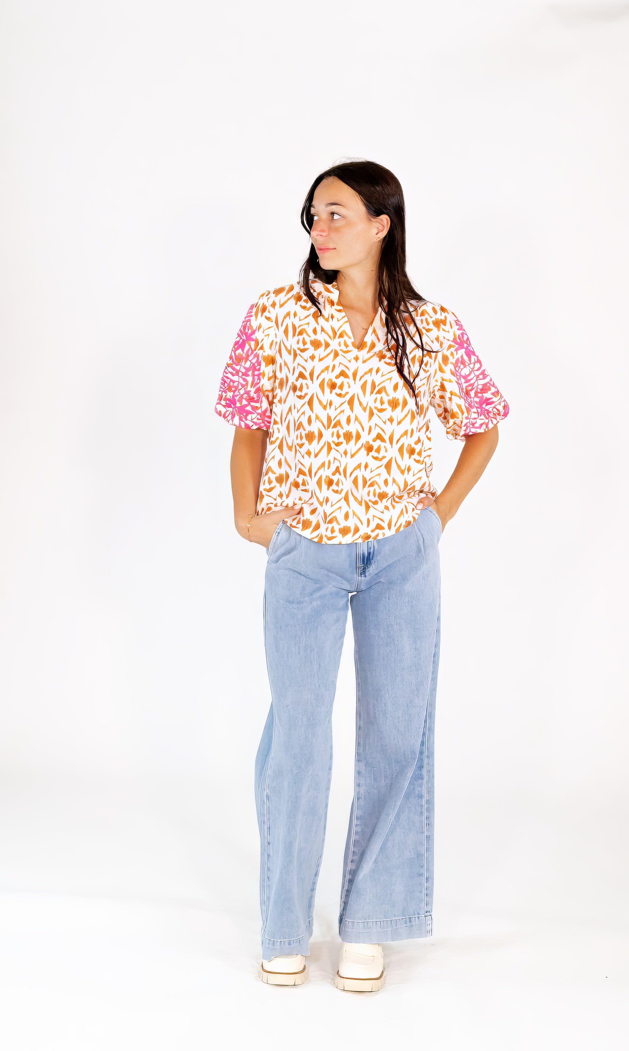 Della Mixed Print Embroidered Top