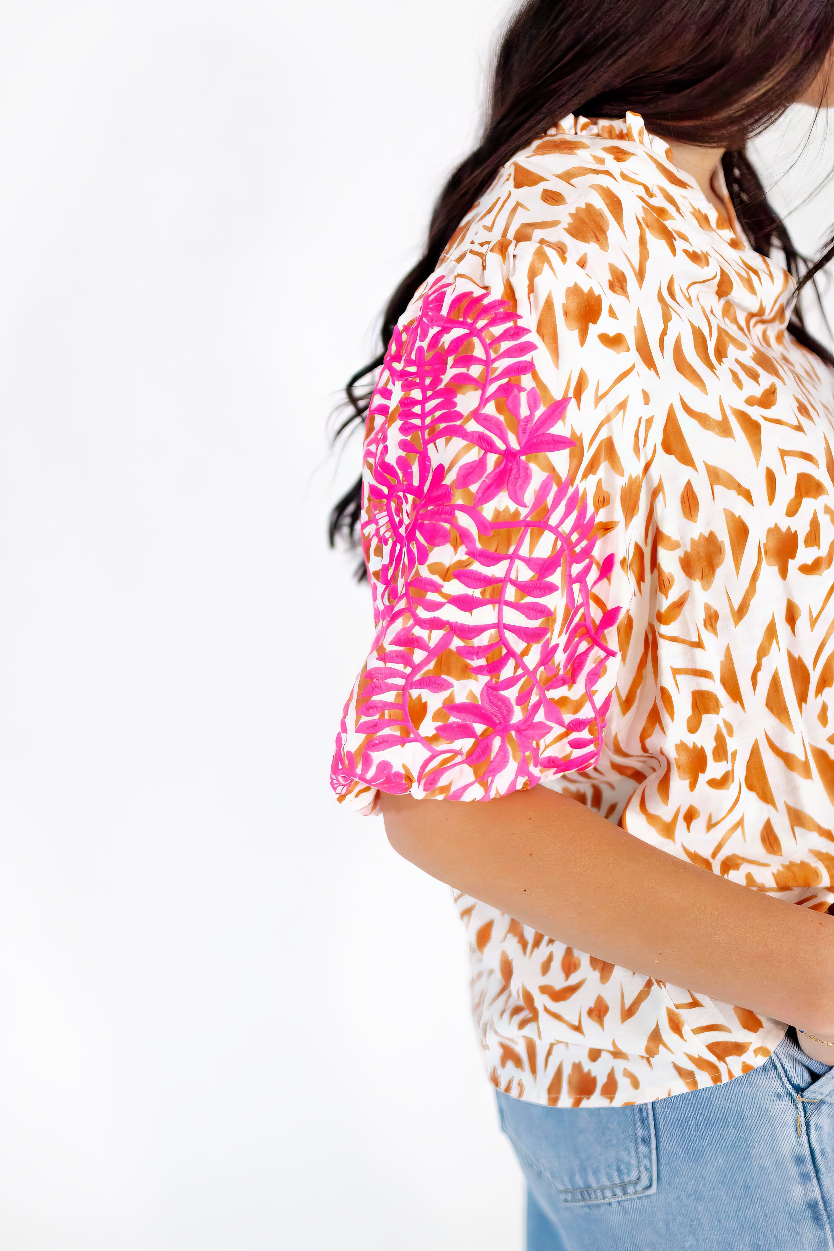 Della Mixed Print Embroidered Top