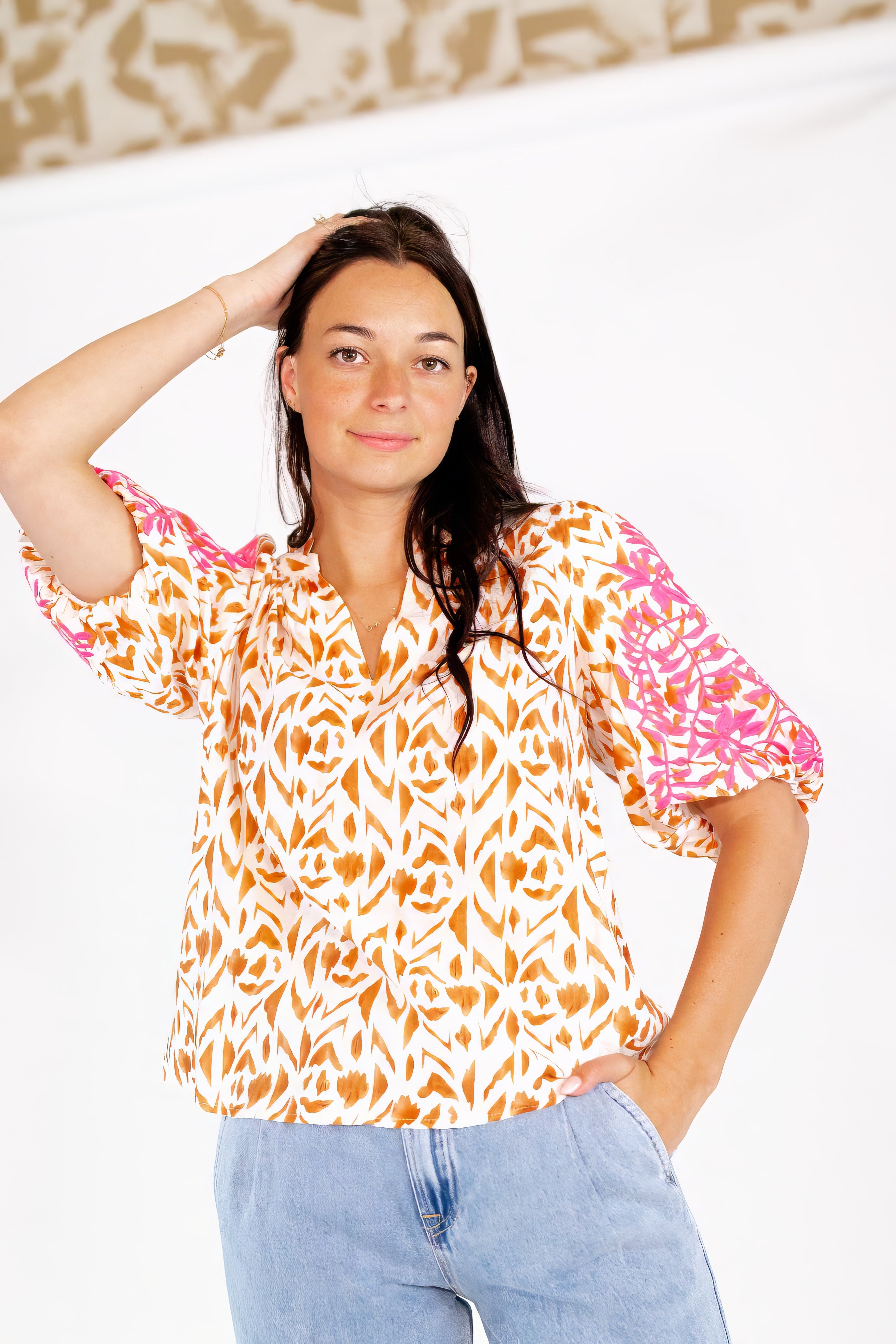 Della Mixed Print Embroidered Top