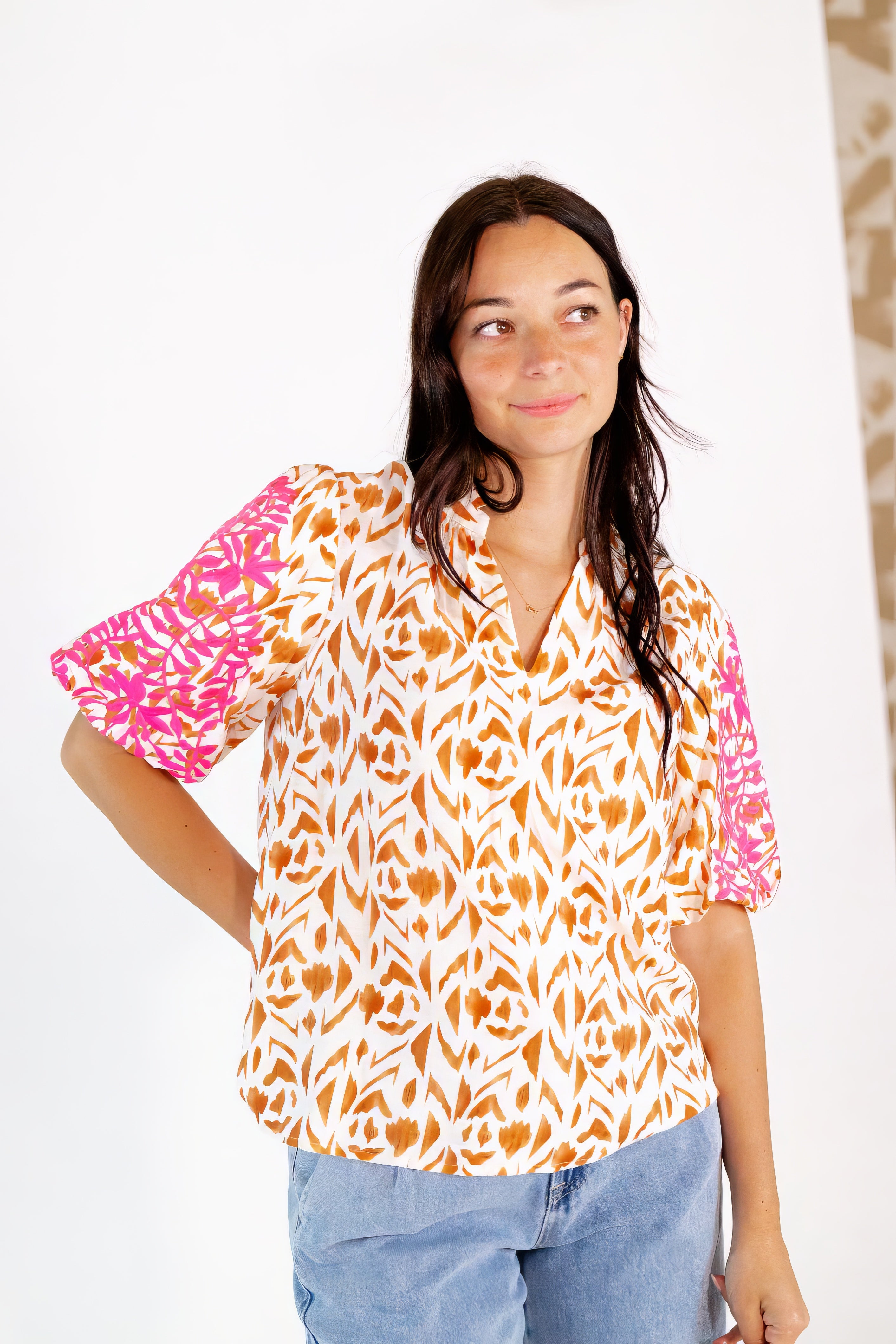Della Mixed Print Embroidered Top
