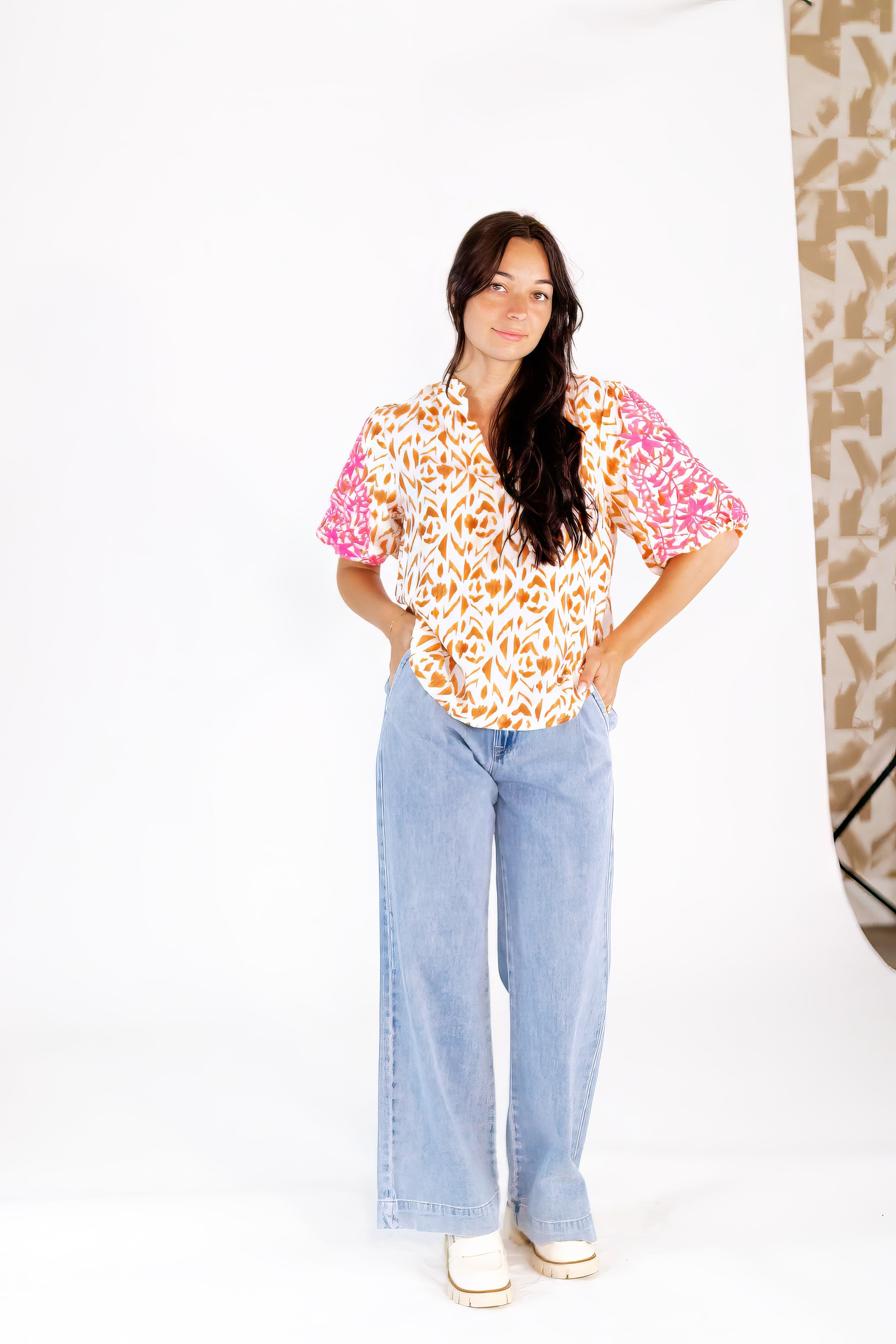 Della Mixed Print Embroidered Top