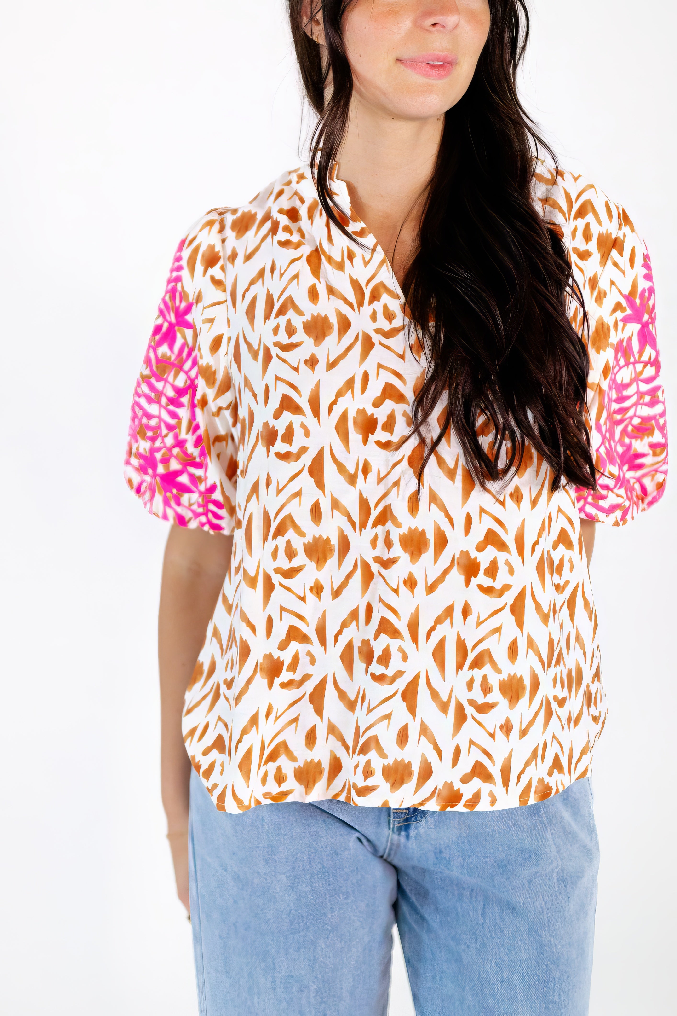 Della Mixed Print Embroidered Top