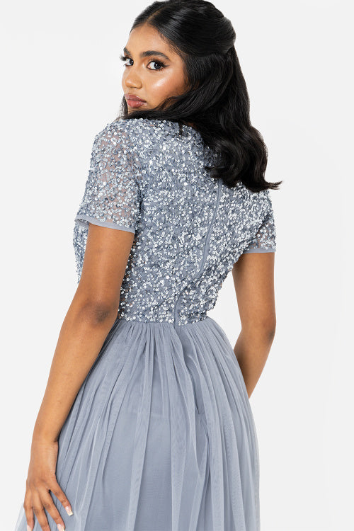 dusty blue skater dress Lovely Dusty Blue Floral Print Dress - Lace-Up Skater Dress