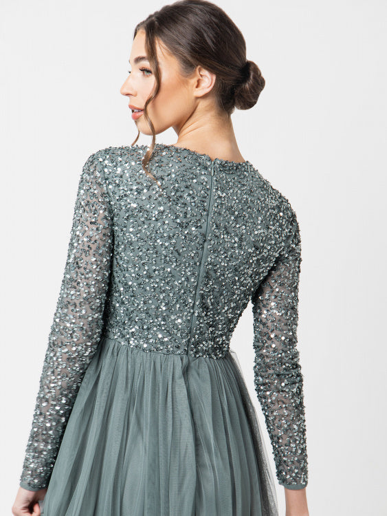 Misty Green Long Sleeved Sequin Gown