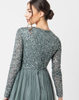 Misty Green Long Sleeved Sequin Gown