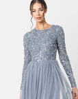 Dusty Blue Long Sleeved Sequin Gown