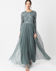 Misty Green Long Sleeved Sequin Gown