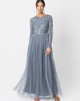 Dusty Blue Long Sleeved Sequin Gown
