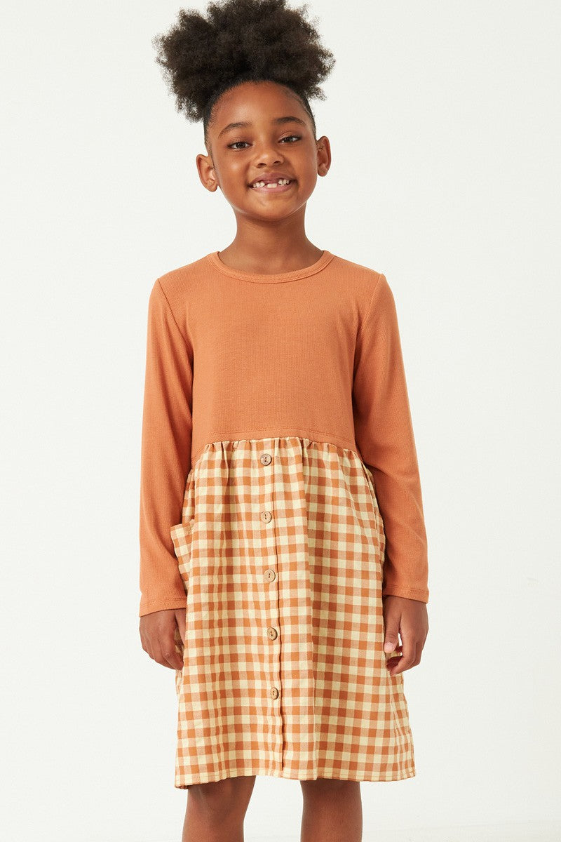 Apricot Ribbed Gingham Dress