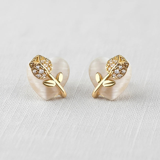 Heart Cat's Eye with Tulip Flower Stud Earrings