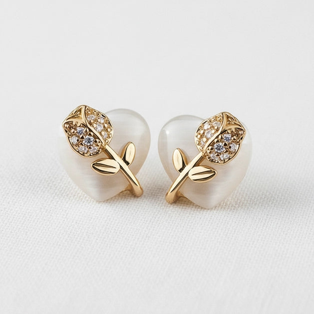 Heart Cat's Eye with Tulip Flower Stud Earrings