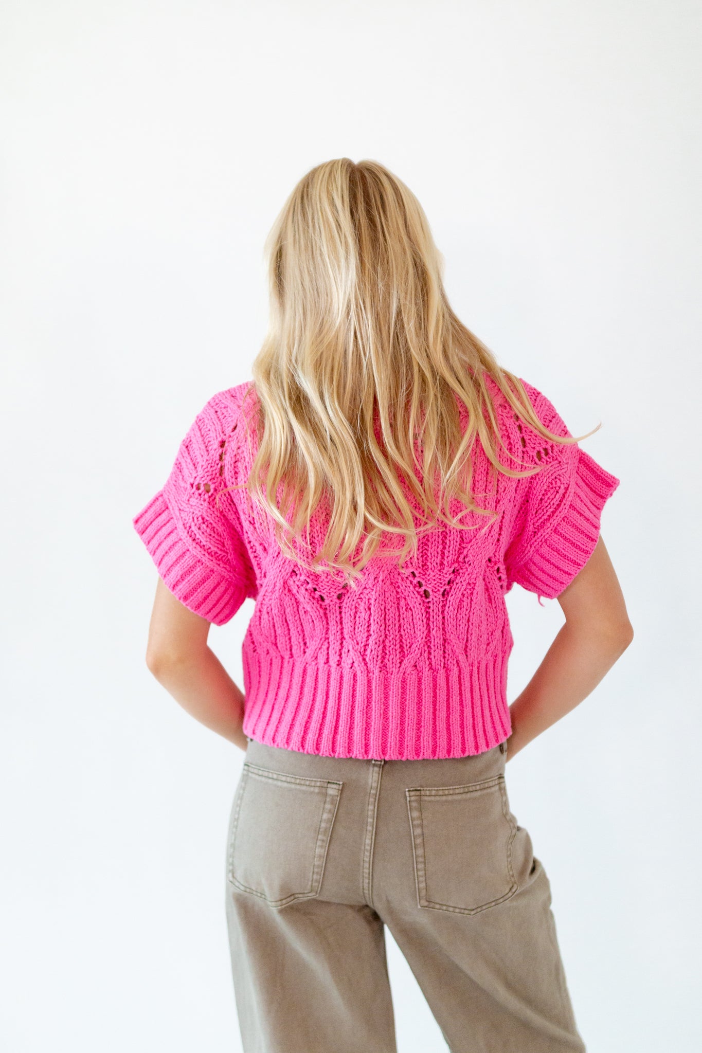 トップス Crochet frill knit tops Pink ANDMARY】Crochet frill knit tops