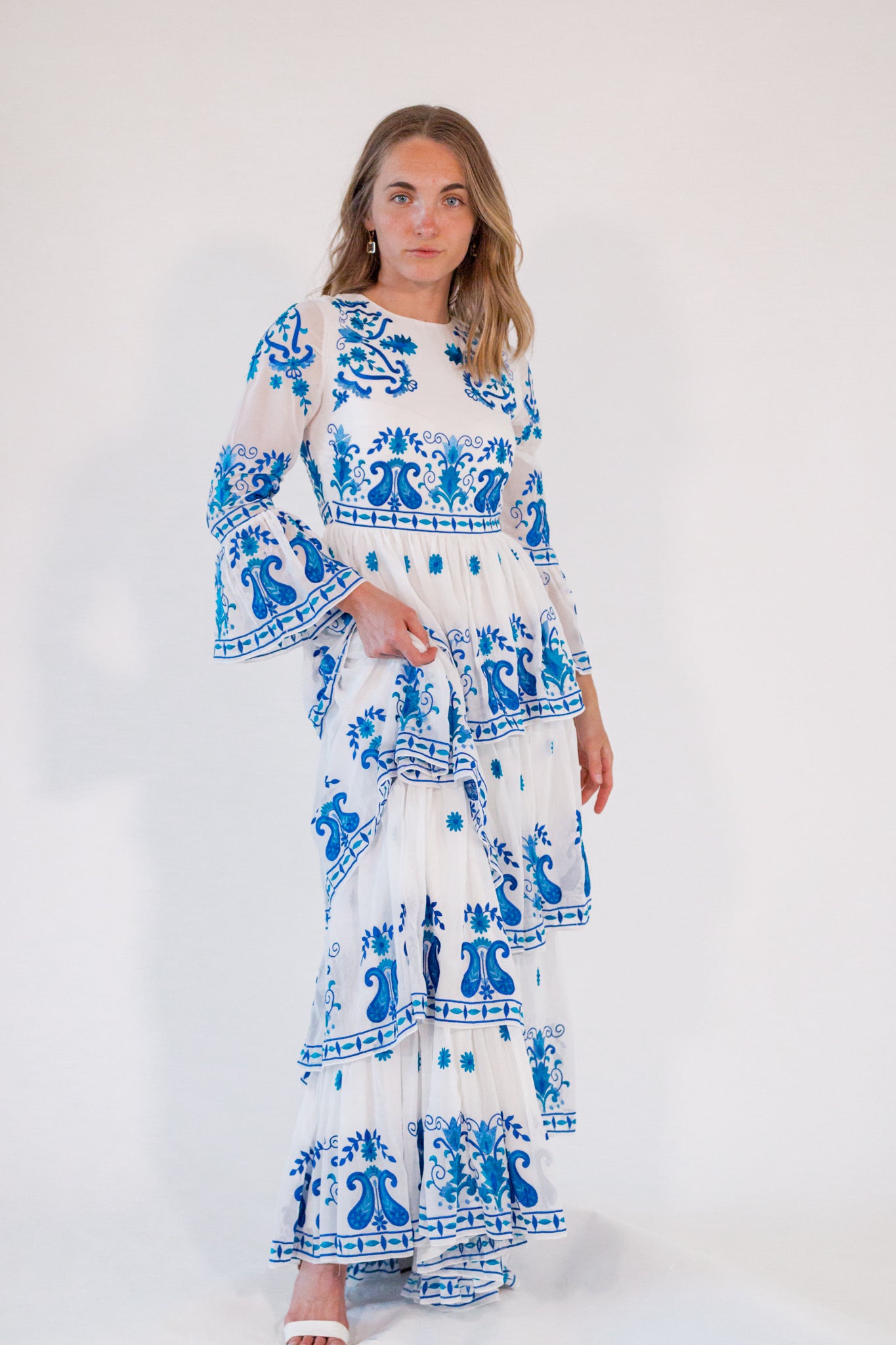 white and blue embroidered dress Ines – Twirl Boutique front sides CITYNIGHTS Color:Black / Floral Detachable Long Sleeves Quinceanera