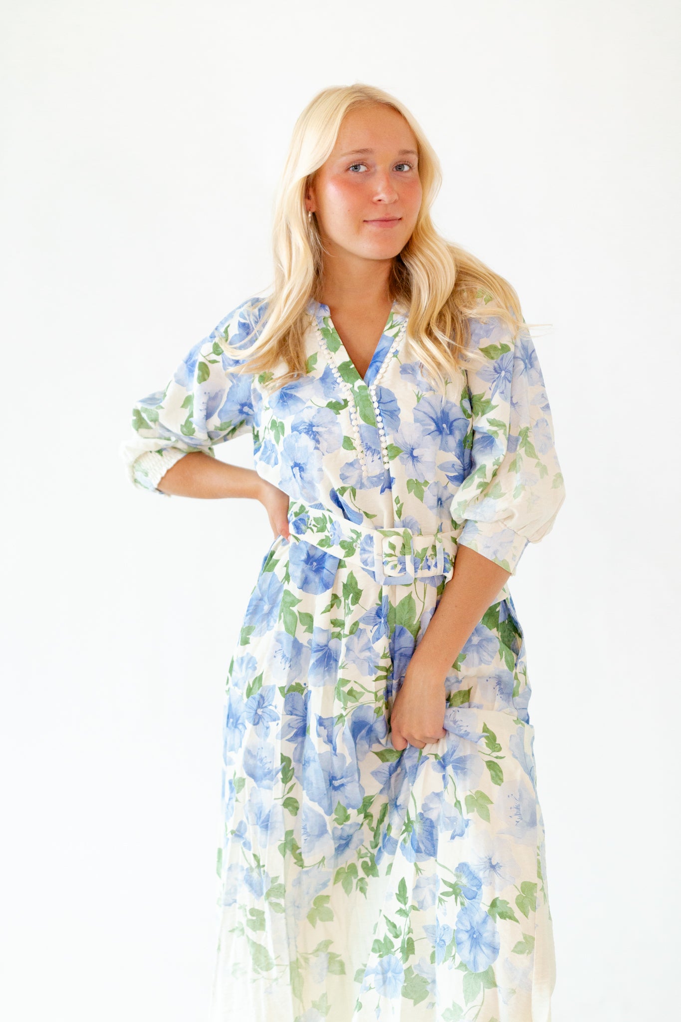 Theia Belted Floral Midi Dress