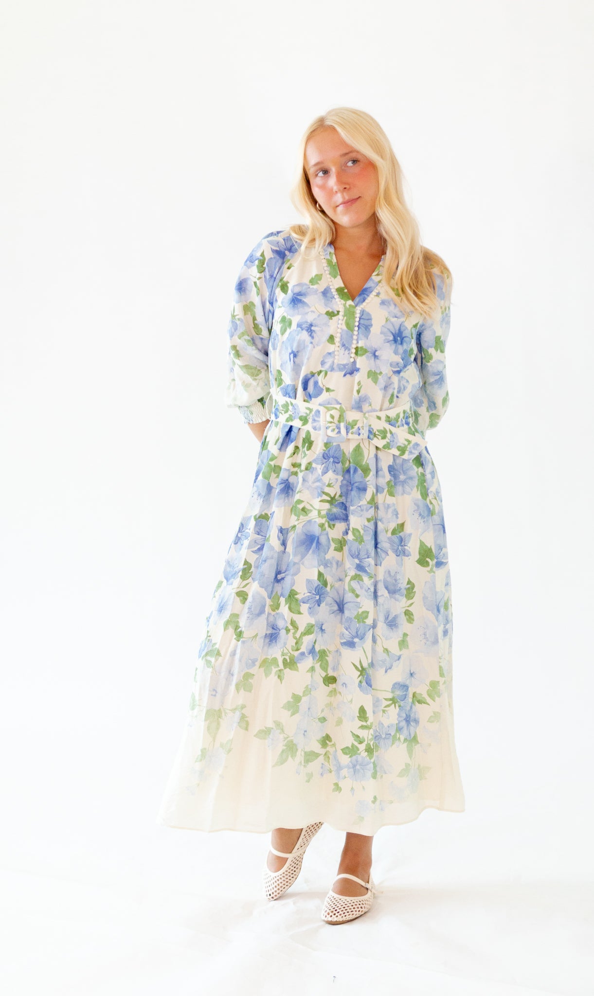 Theia Belted Floral Midi Dress