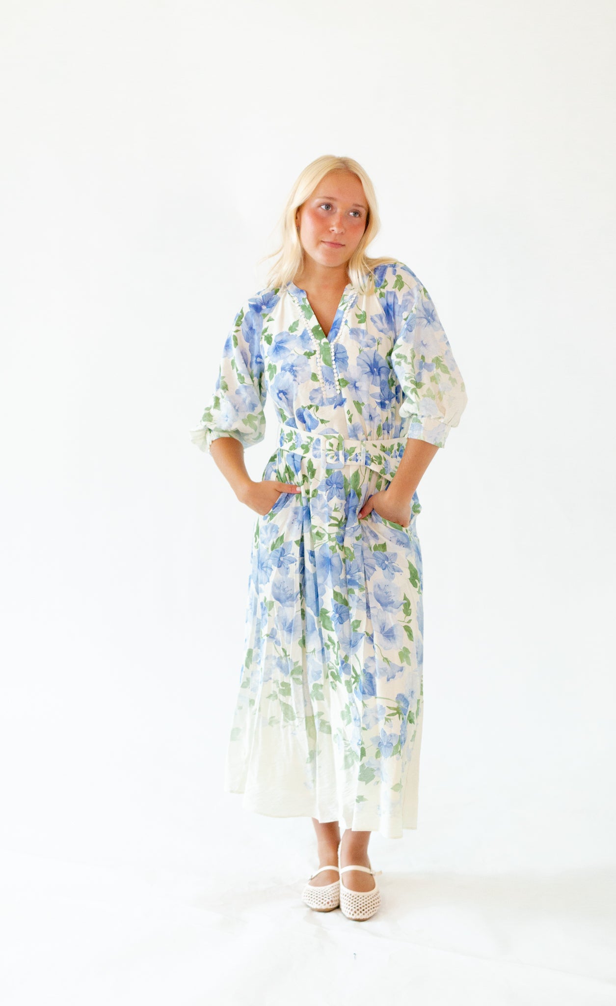 Theia Belted Floral Midi Dress