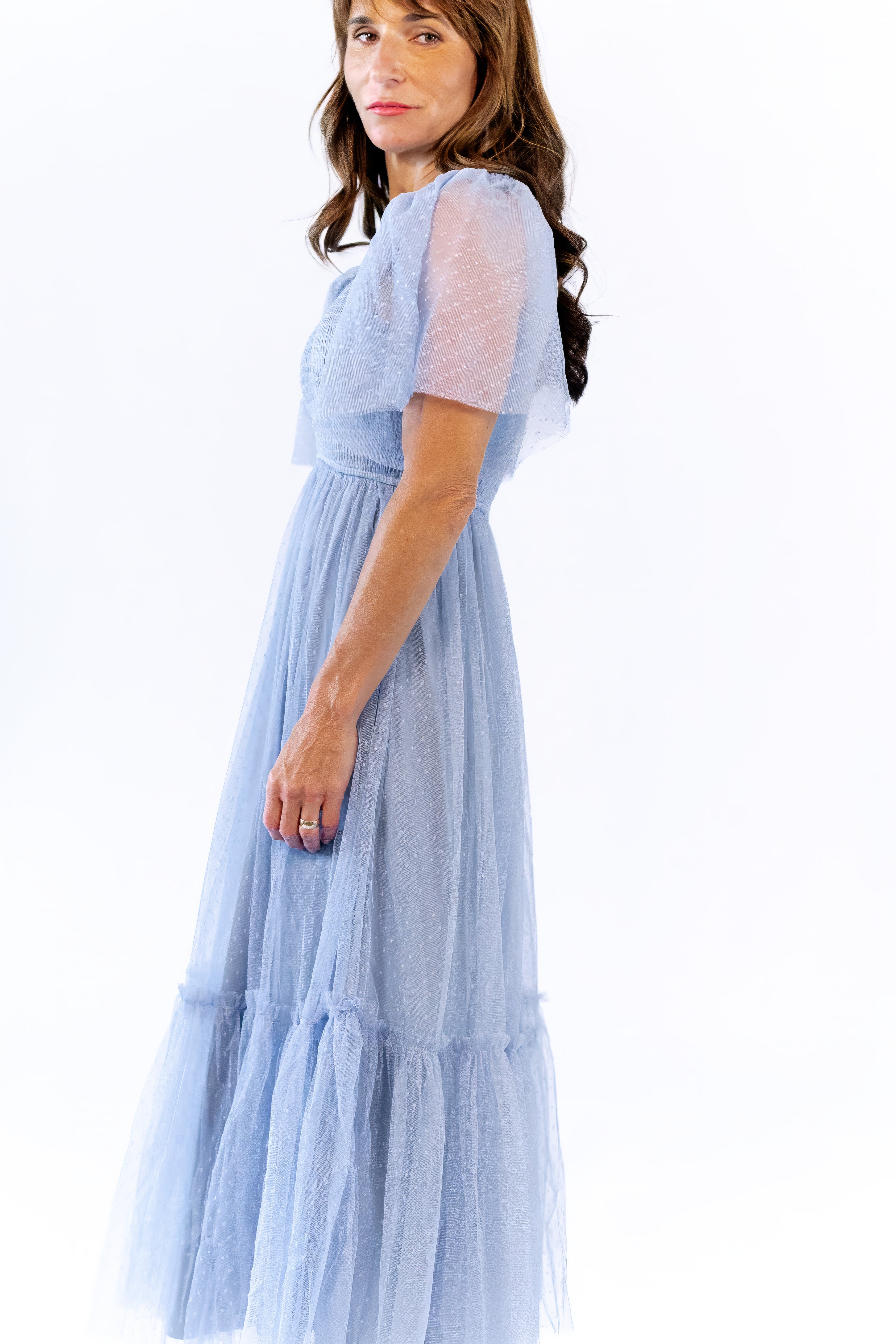 Celia Ruffled Mesh Dress · Dusty Blue – Twirl Boutique