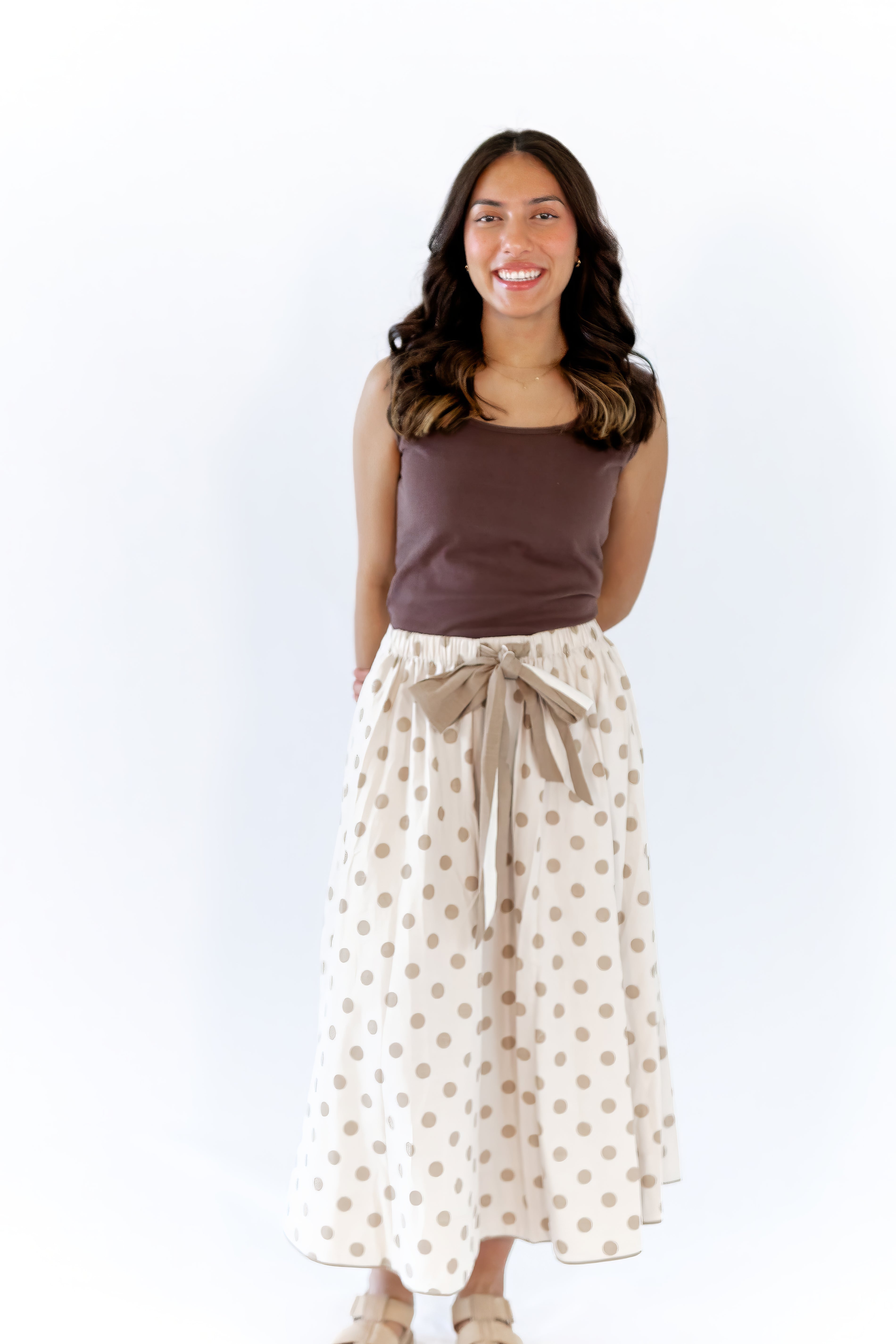 Jenson Polka Dot Tie Skirt · Taupe