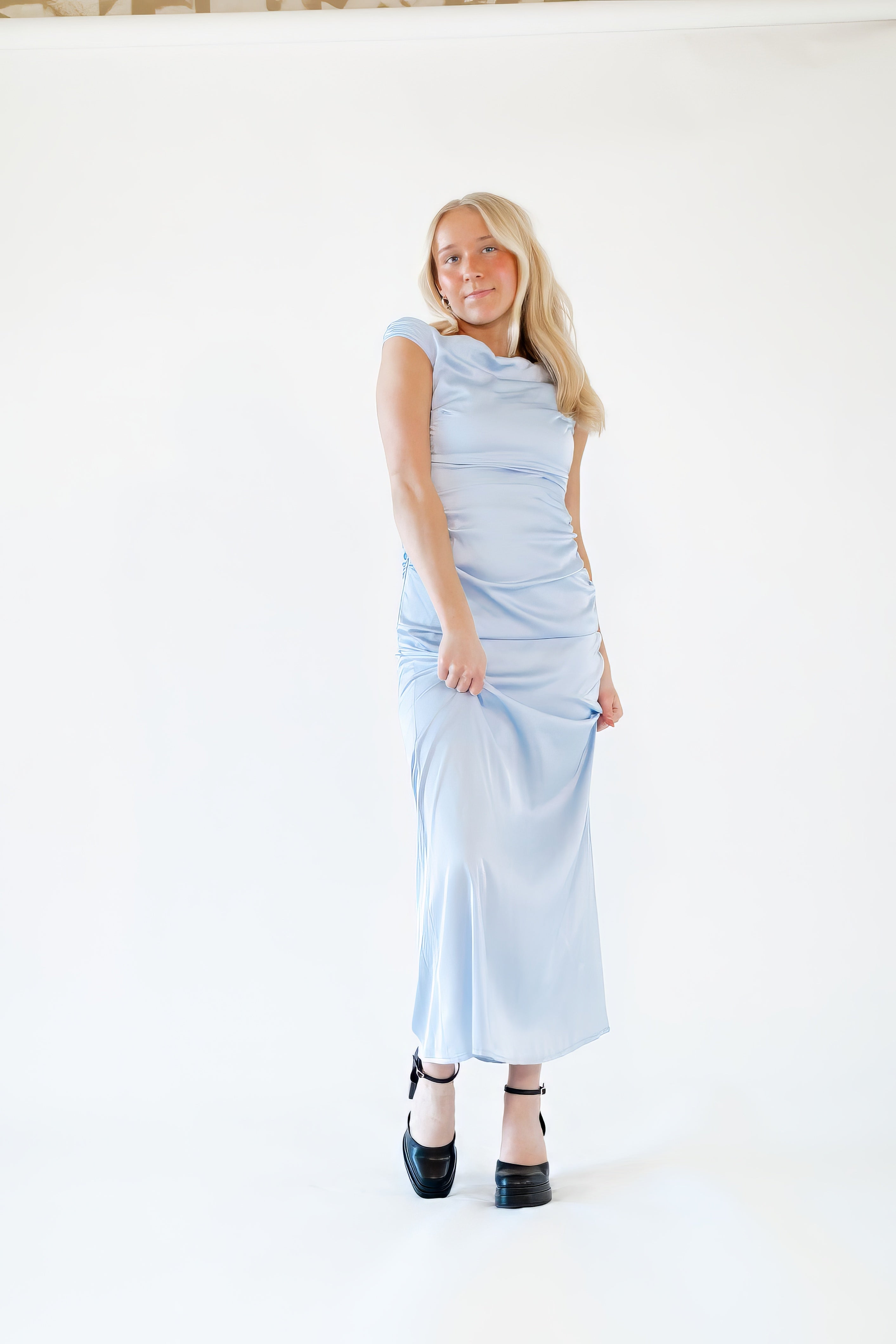 Breezy Satin Rouched Maxi Dress