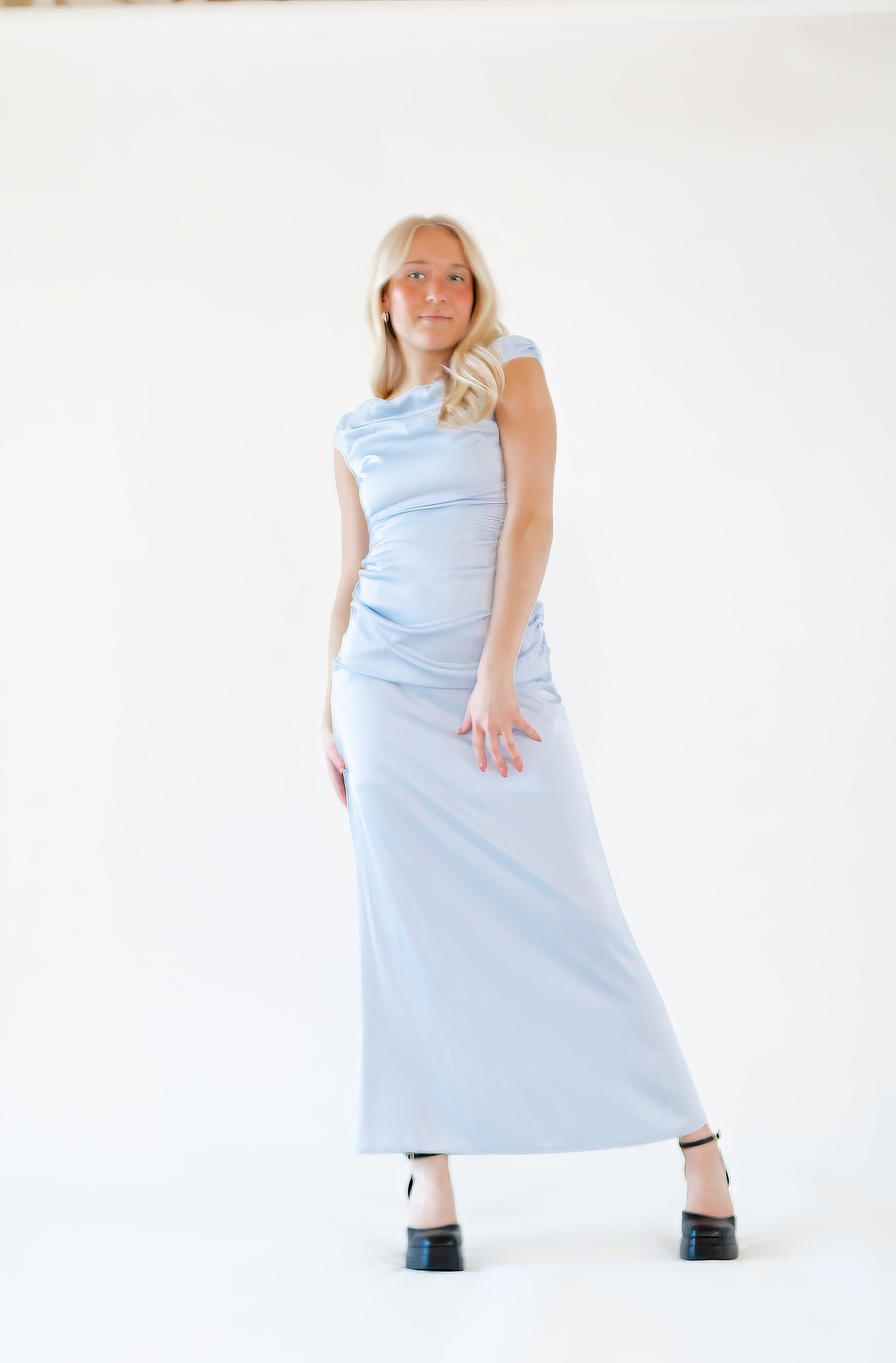 Breezy Satin Rouched Maxi Dress