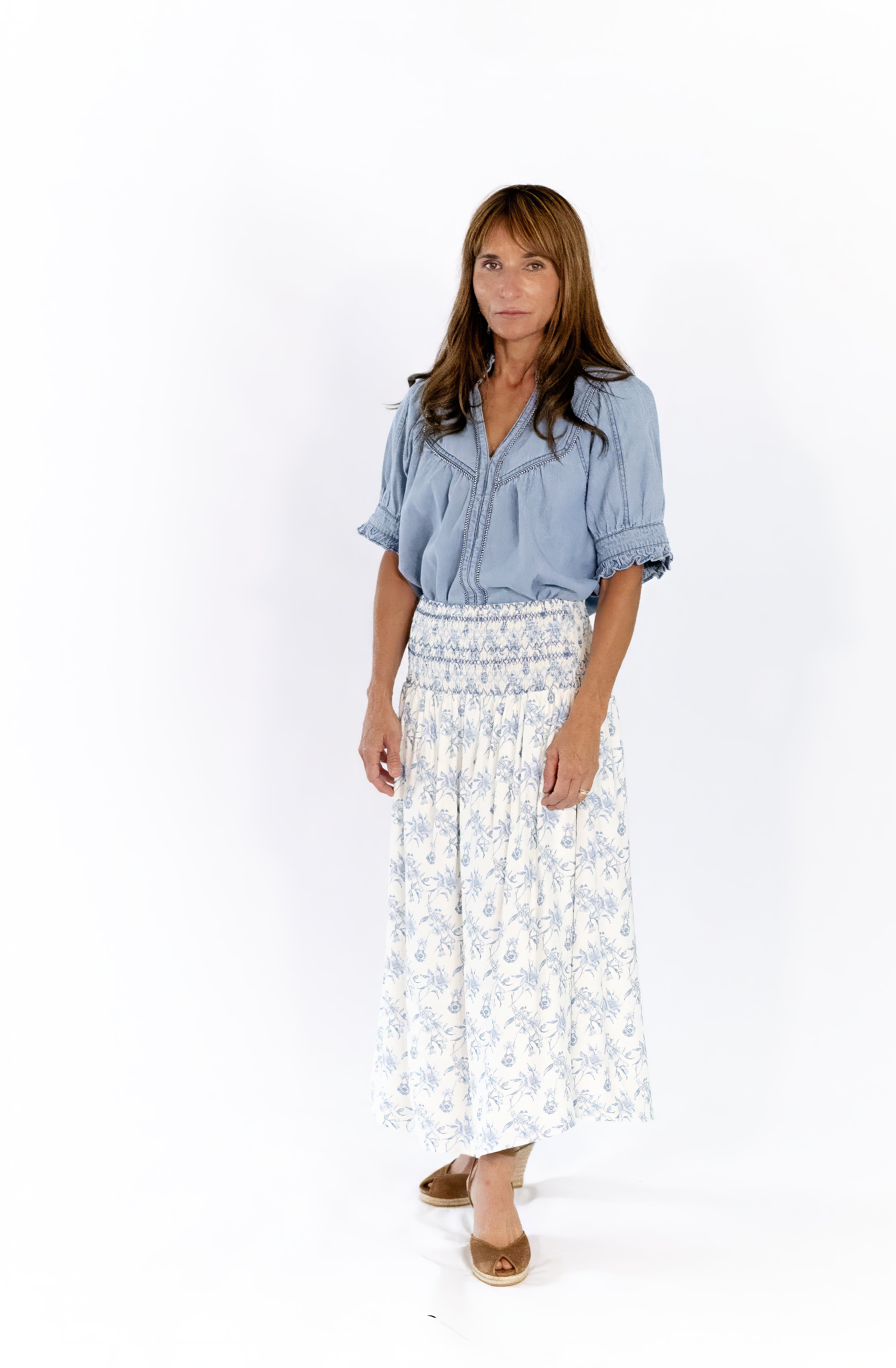 Tabbi Denim Embroidered Top