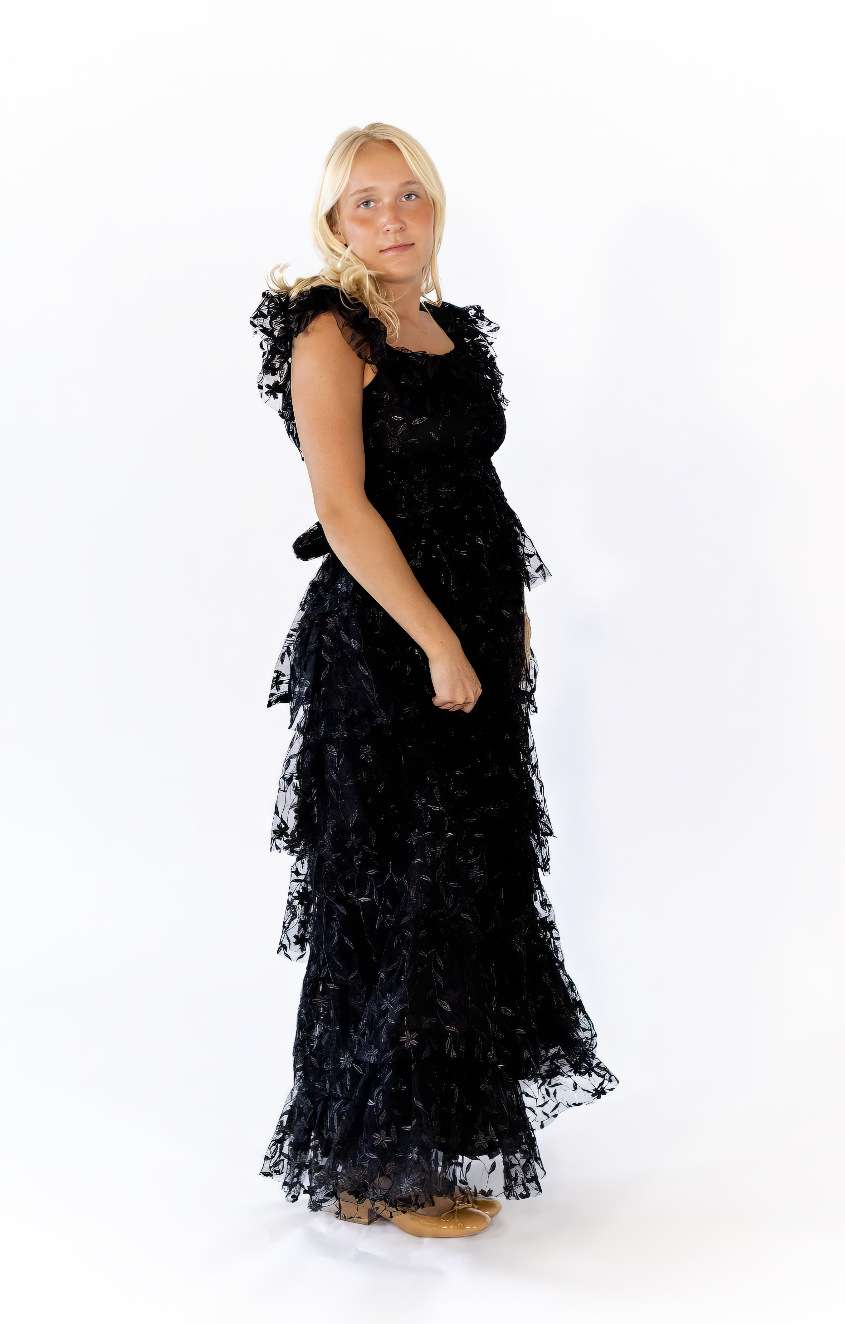 Lana Embroidered Ruffle Maxi · Black