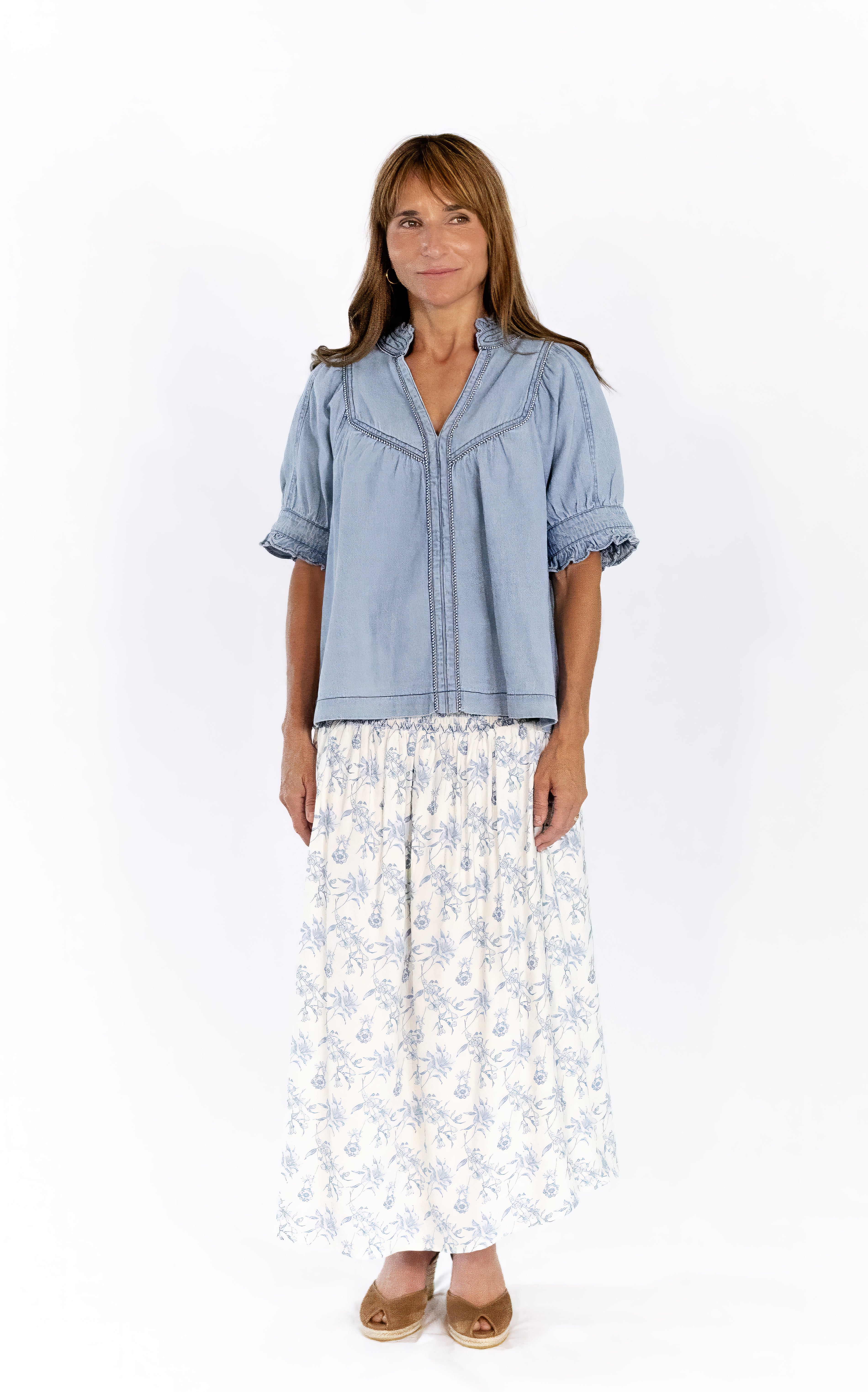 Tabbi Denim Embroidered Top