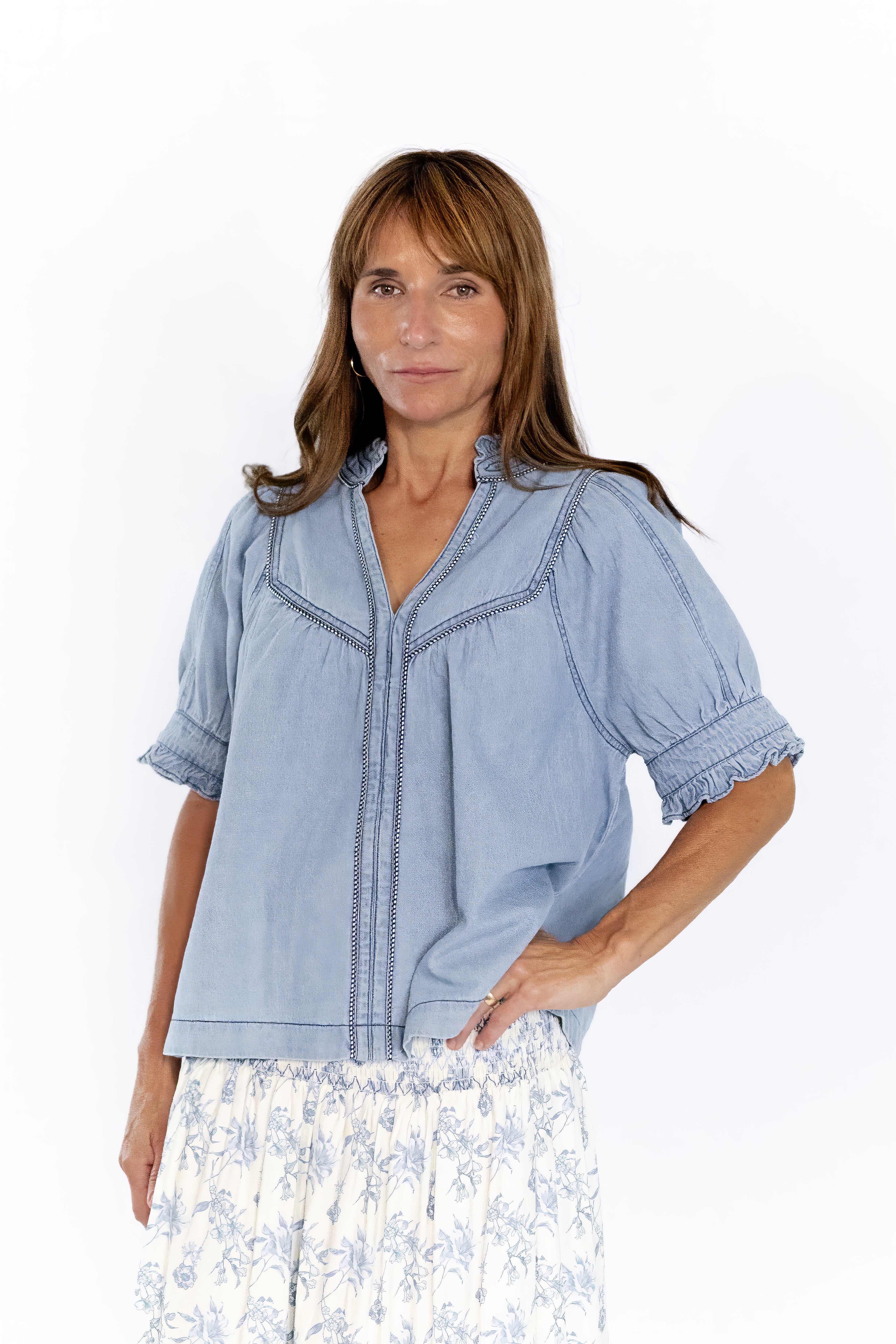 Tabbi Denim Embroidered Top