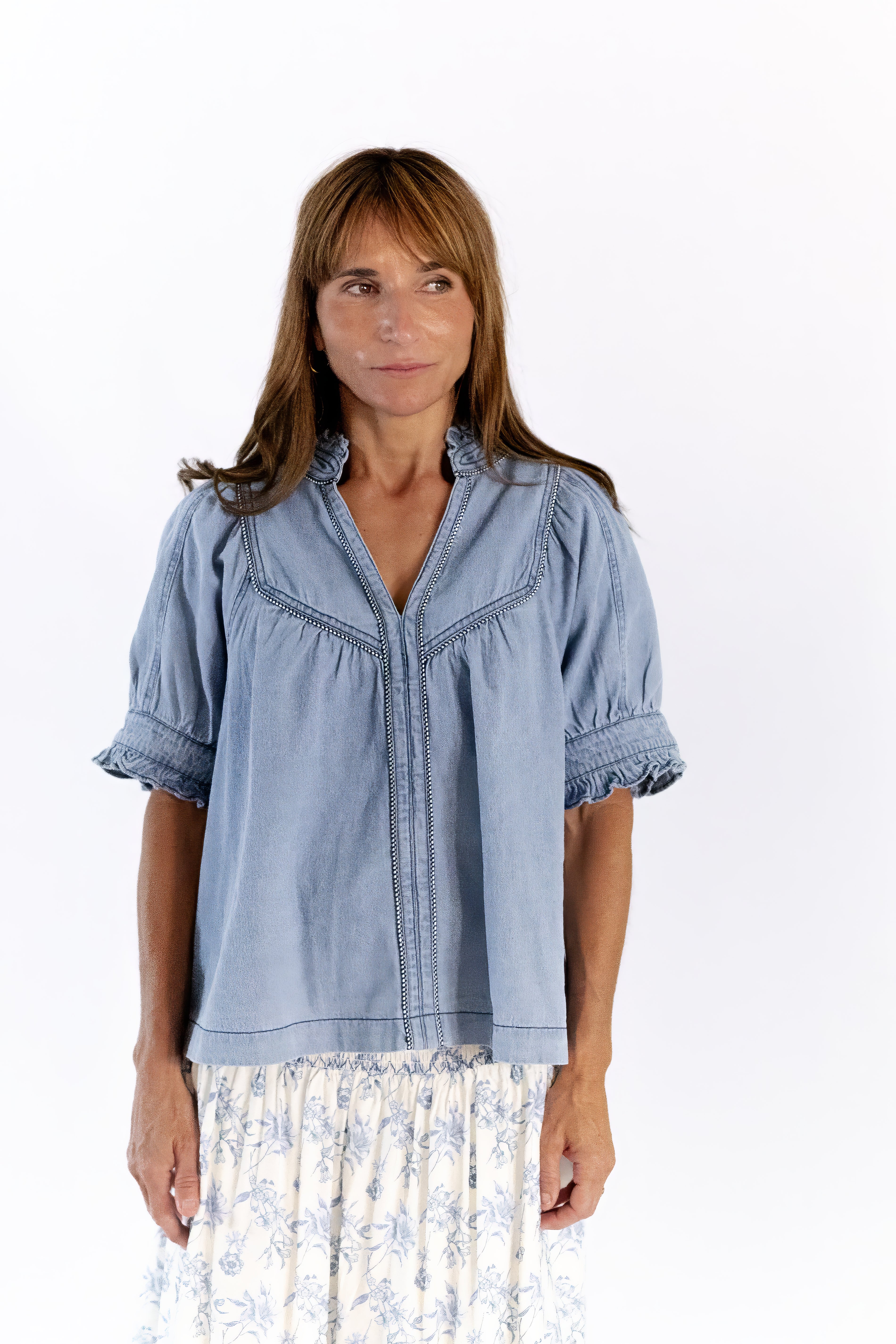 Tabbi Denim Embroidered Top