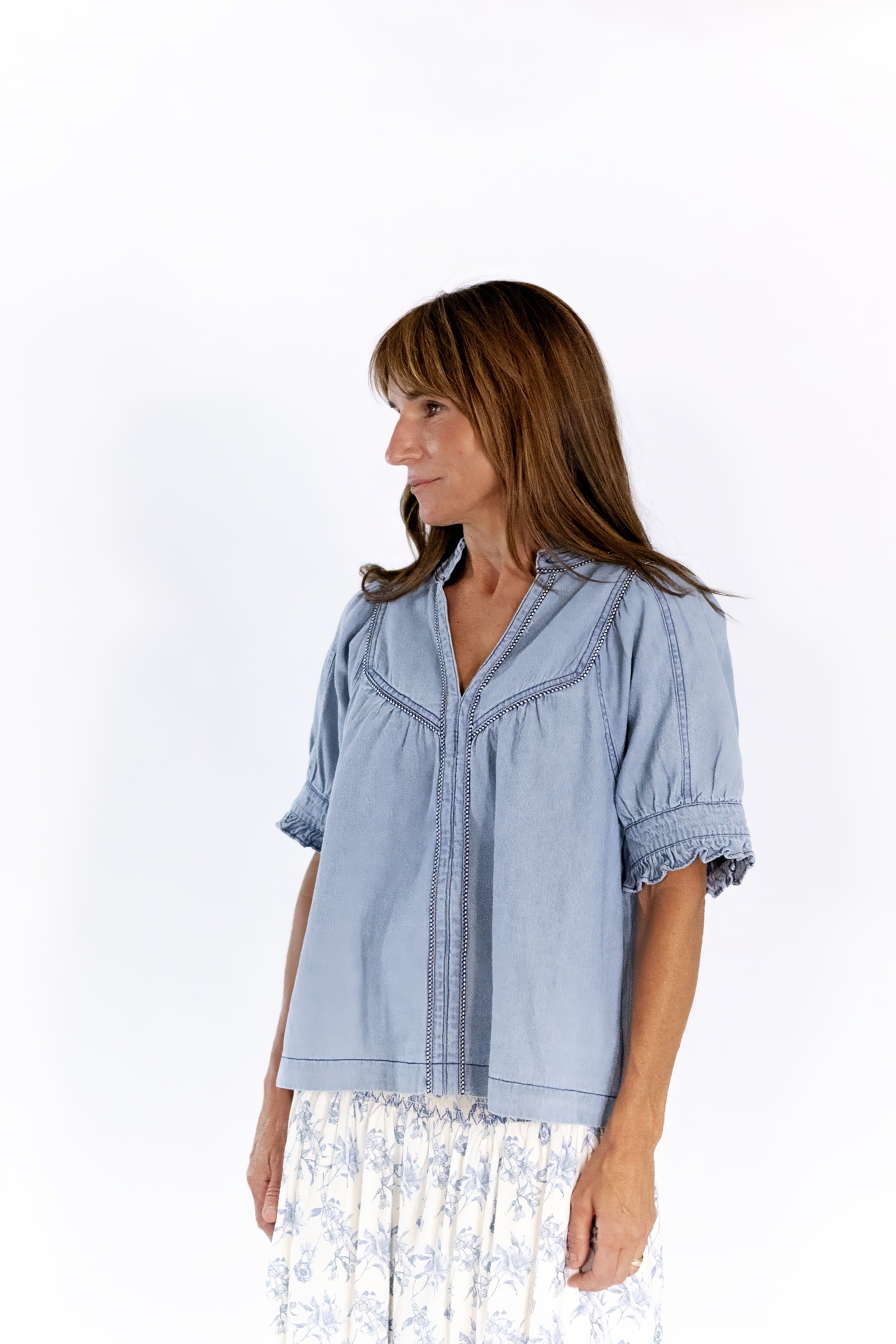 Tabbi Denim Embroidered Top