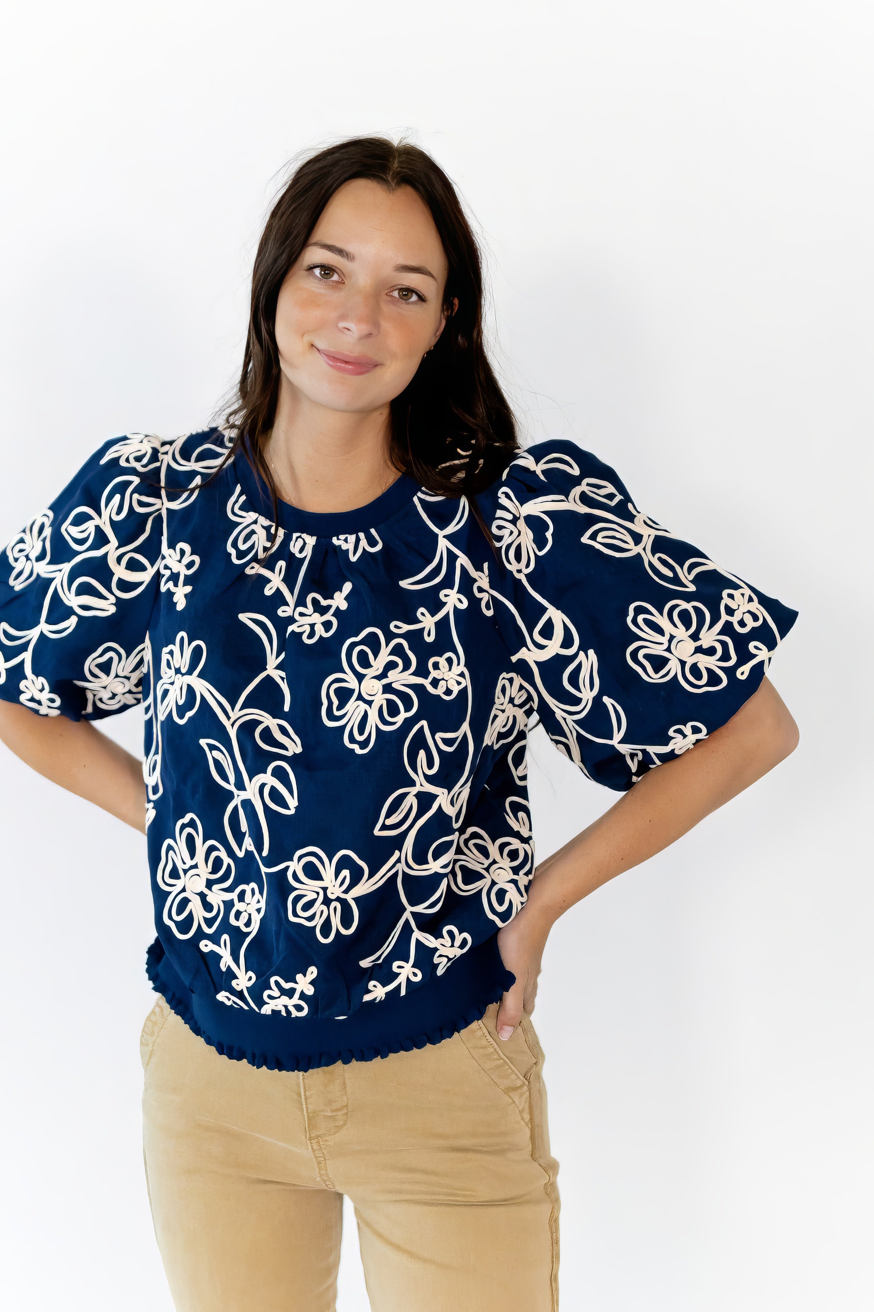 Asta Embroidered Bubble Sleeve Top