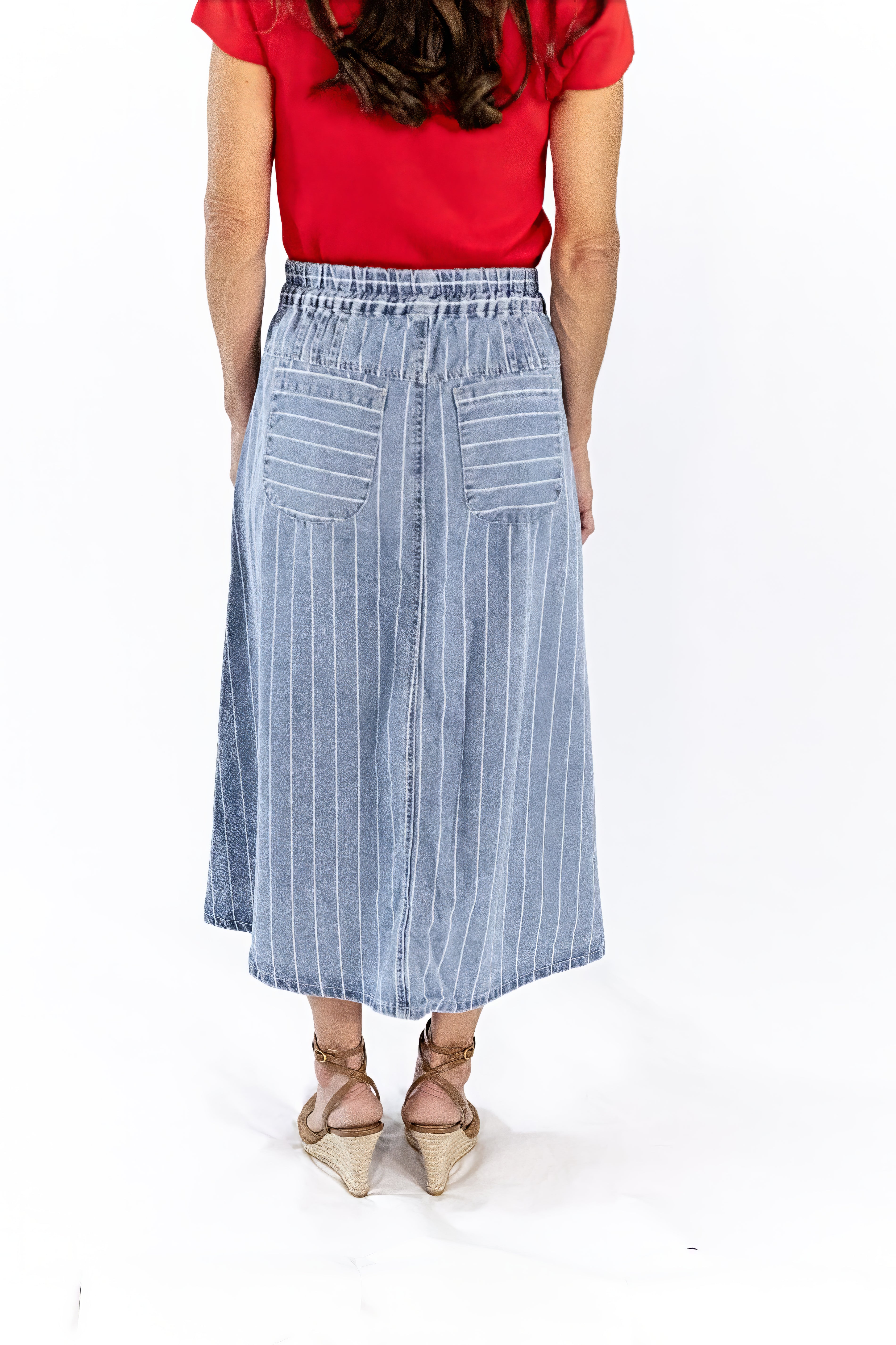 Jia Striped Denim Midi Skirt