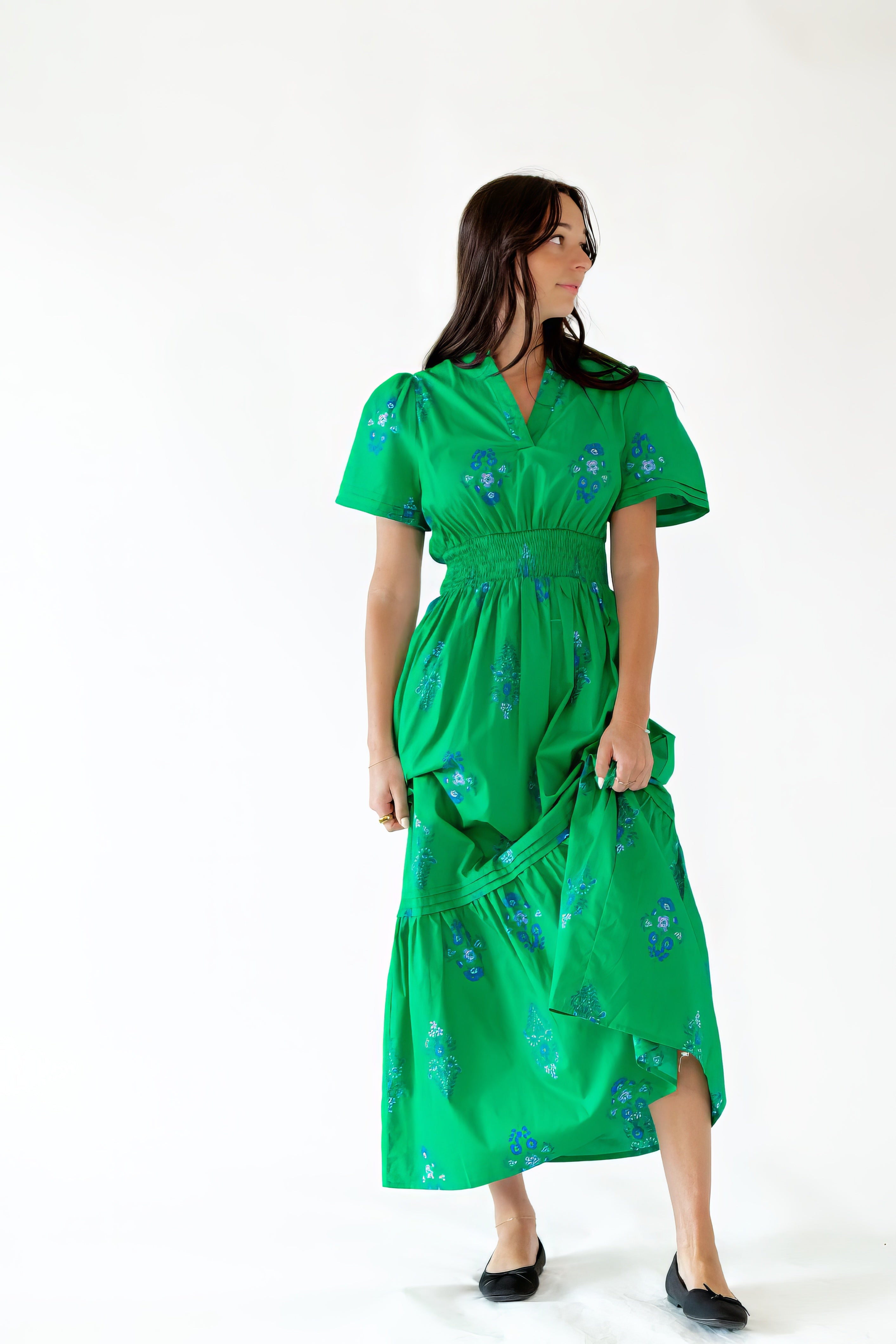 kelly green floral dress Kelly Green Floral Smocked Tiered Maxi Dress with Bubble Sleeves