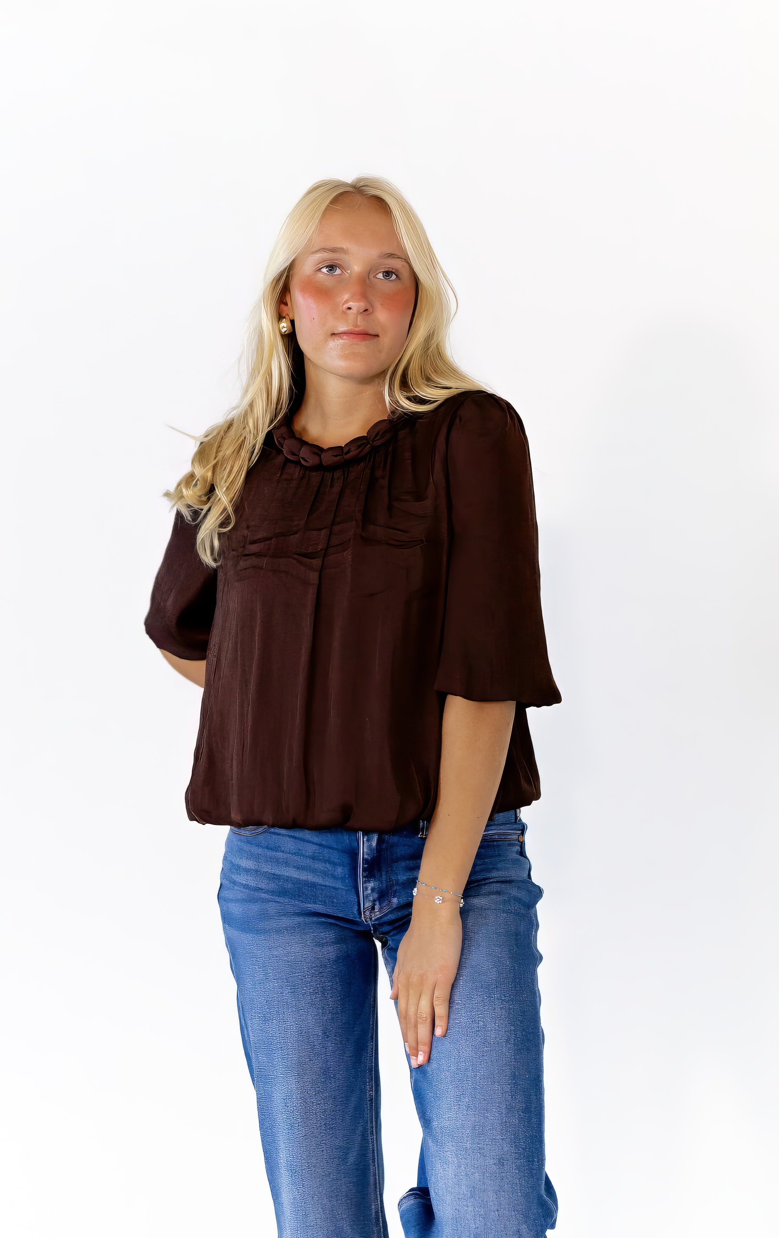 Ajen Braided Neckline Blouse · Chocolate