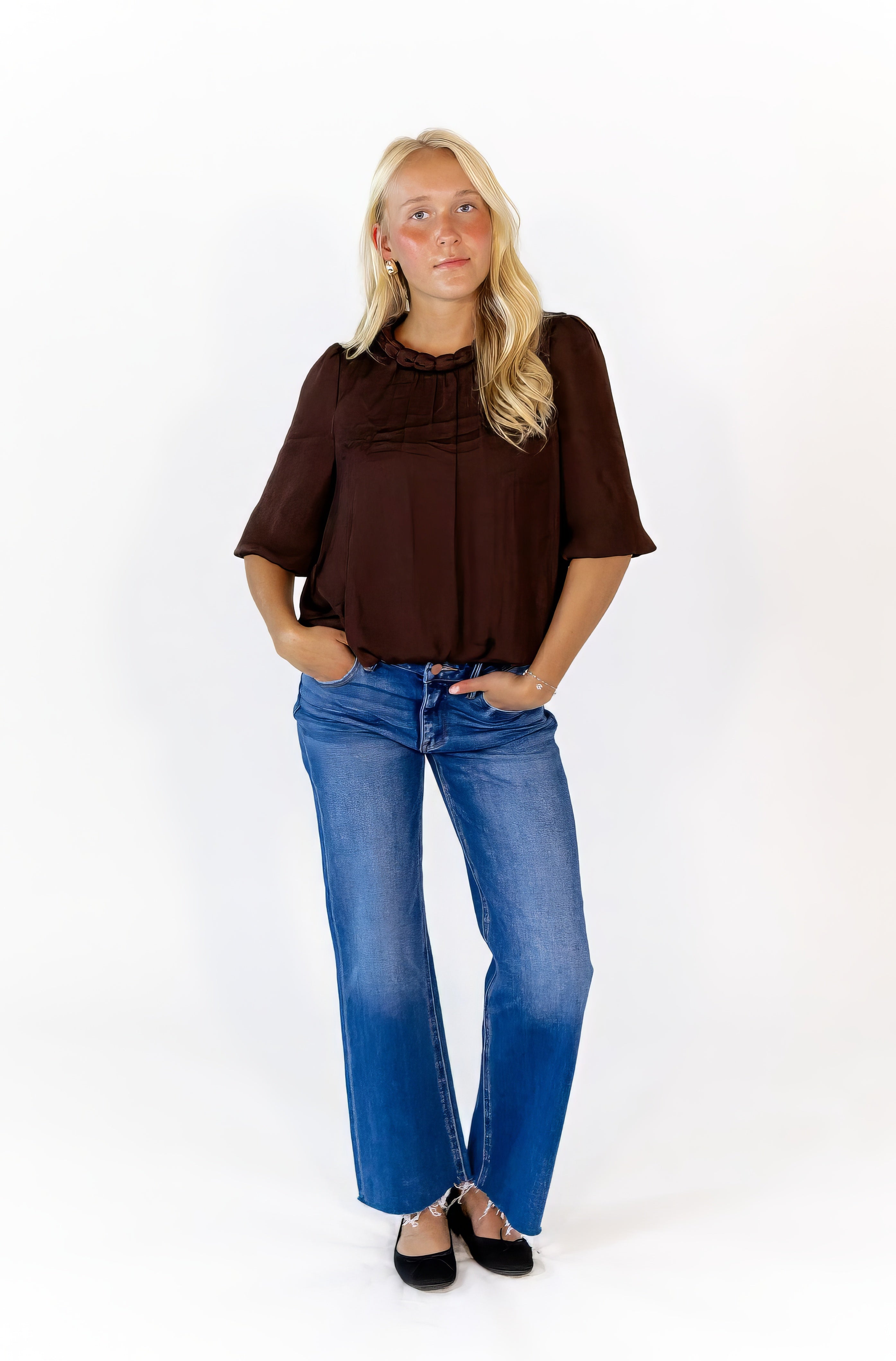 Ajen Braided Neckline Blouse · Chocolate