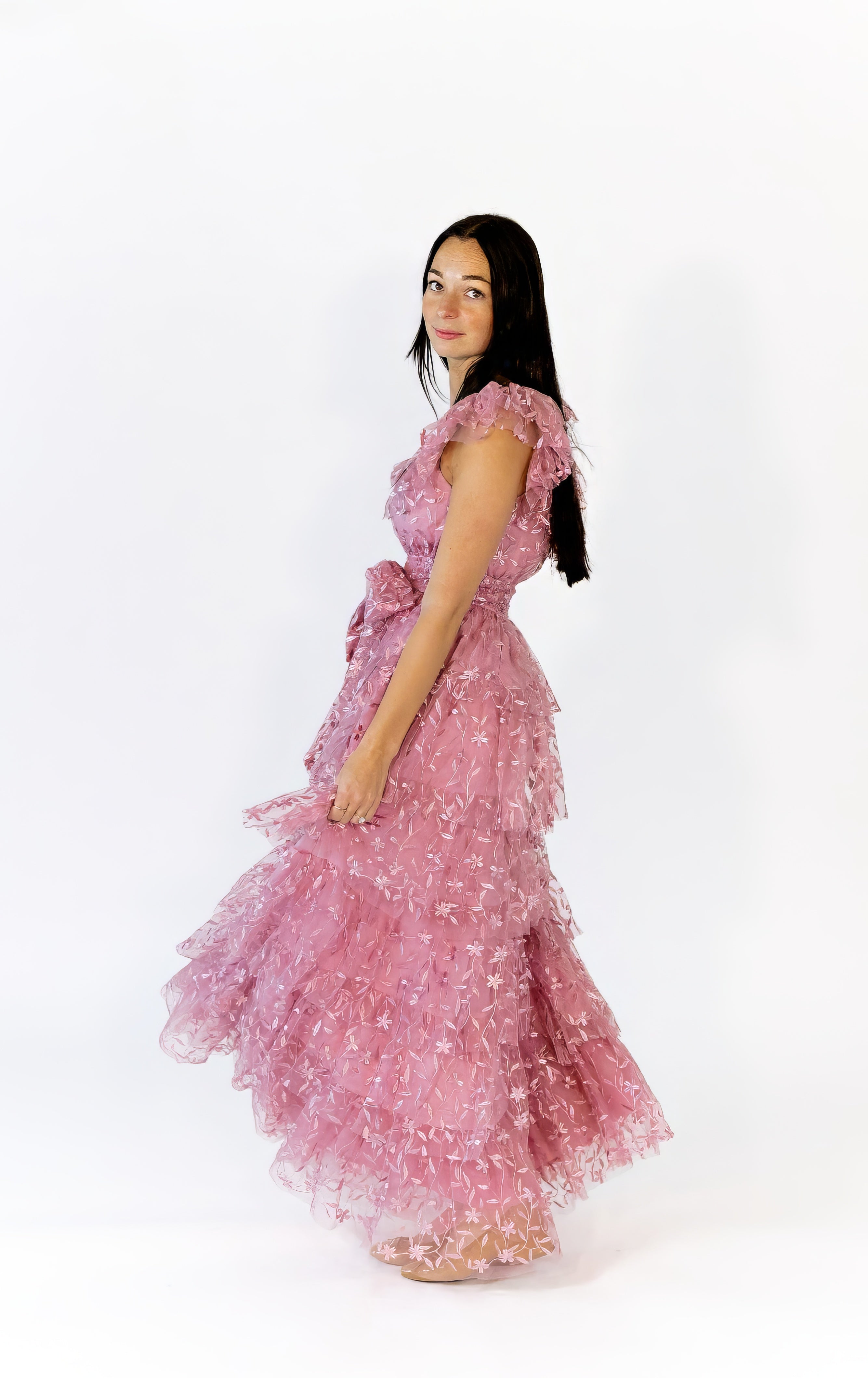 Lana Embroidered Ruffle Maxi · Pink