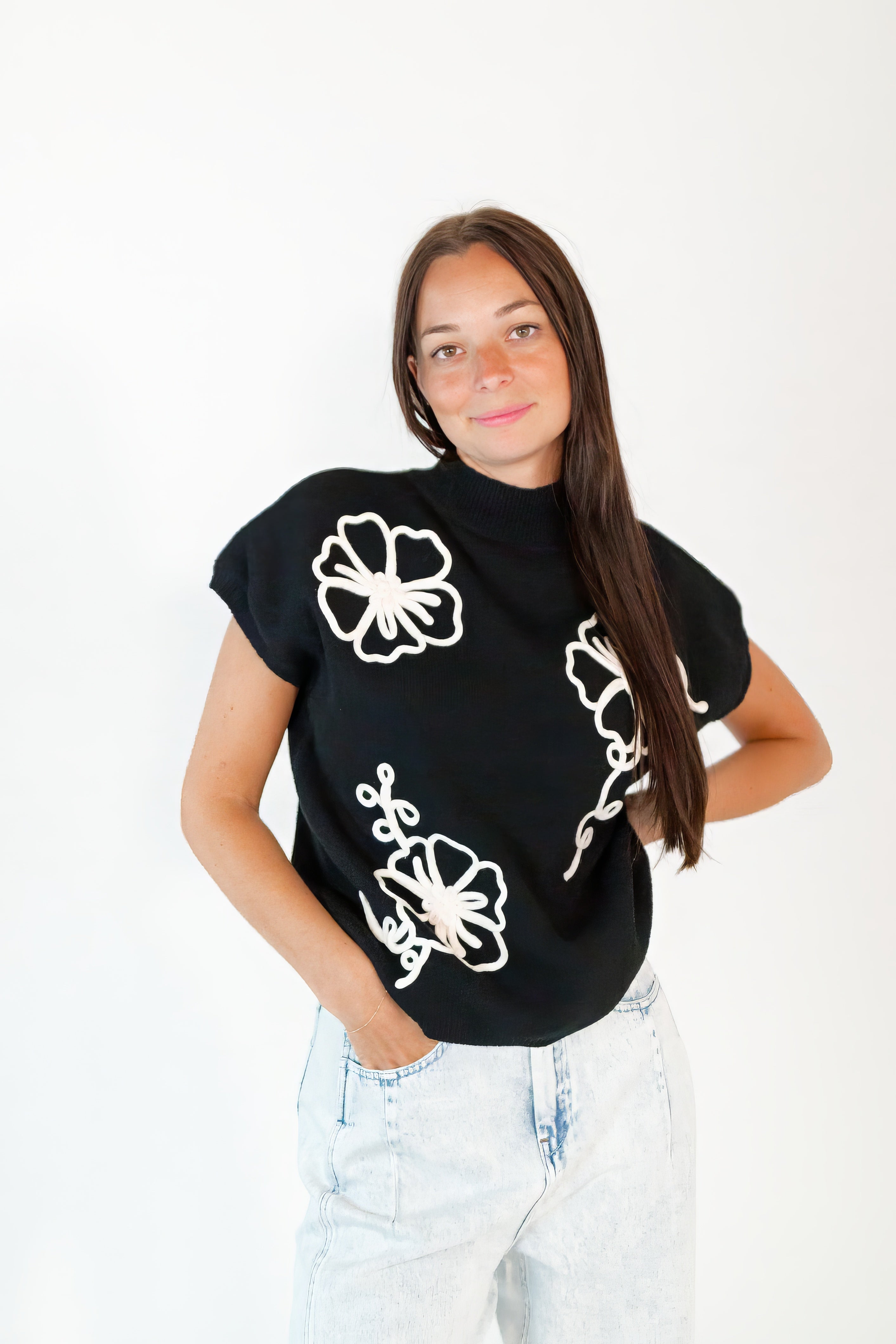 Mitsy Floral Knit Top · Black