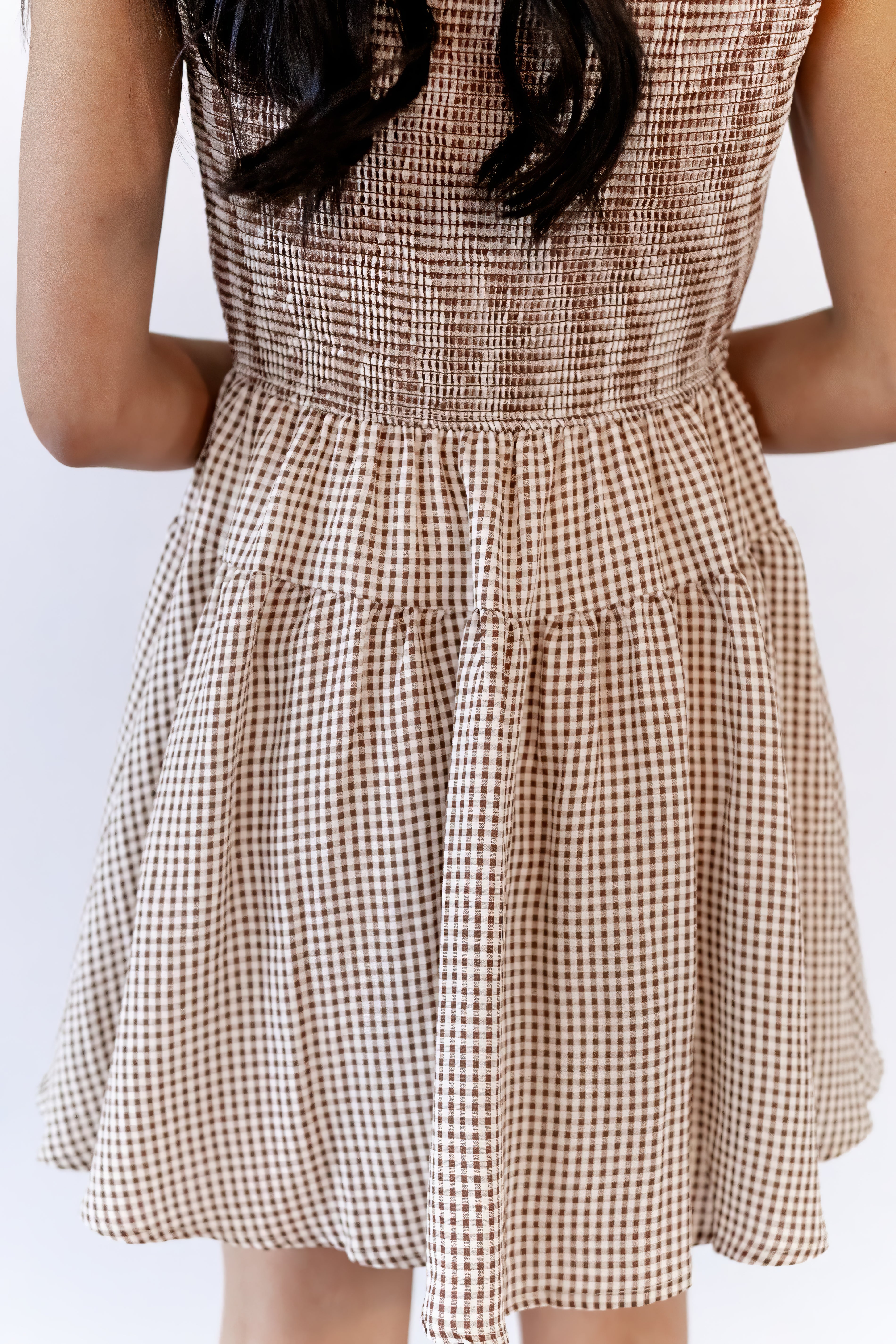 brown gingham dress short Sweetgrass Brown Gingham Square Neck Ruffle Mini Dress S / Brown Multi