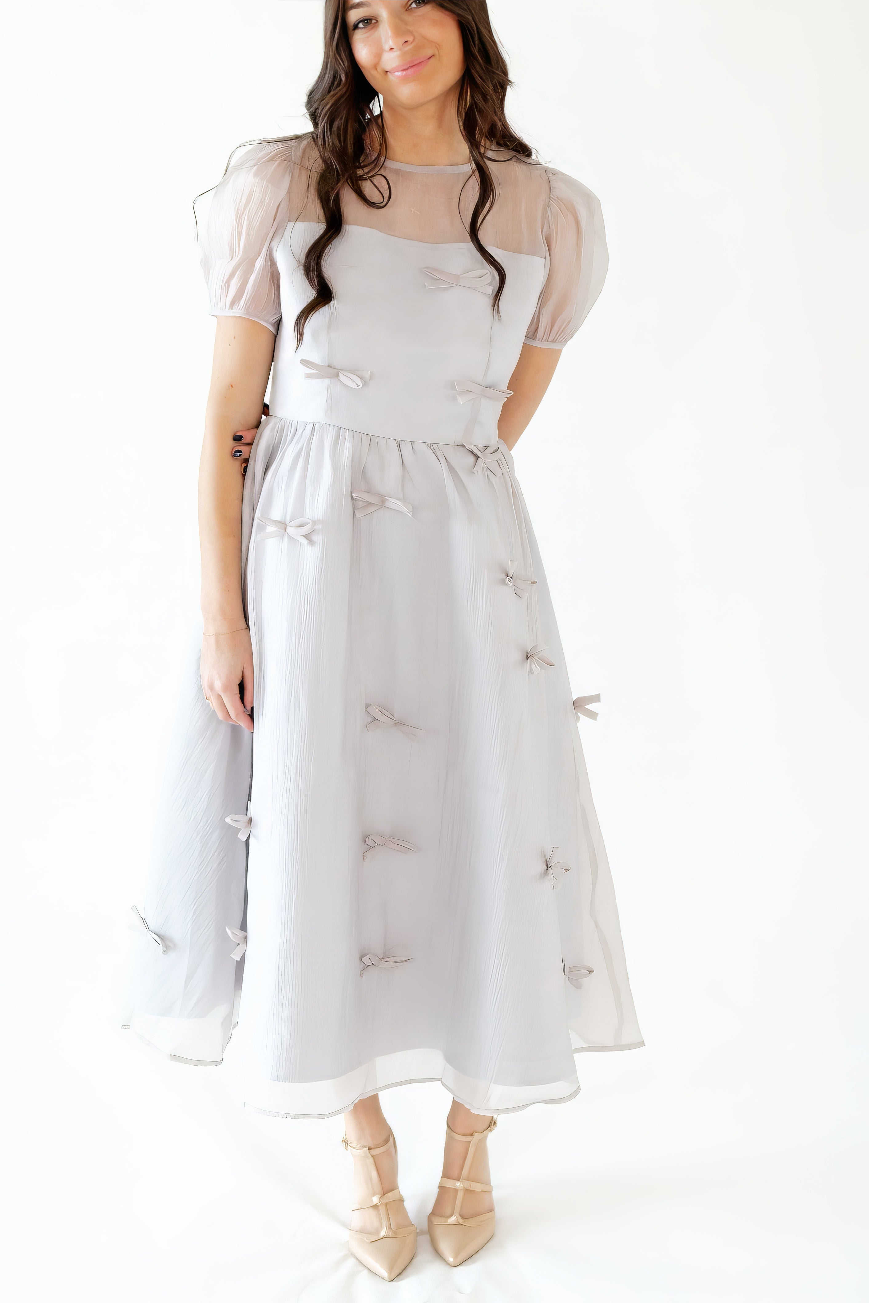 Silver Bow Organza Midi Dress