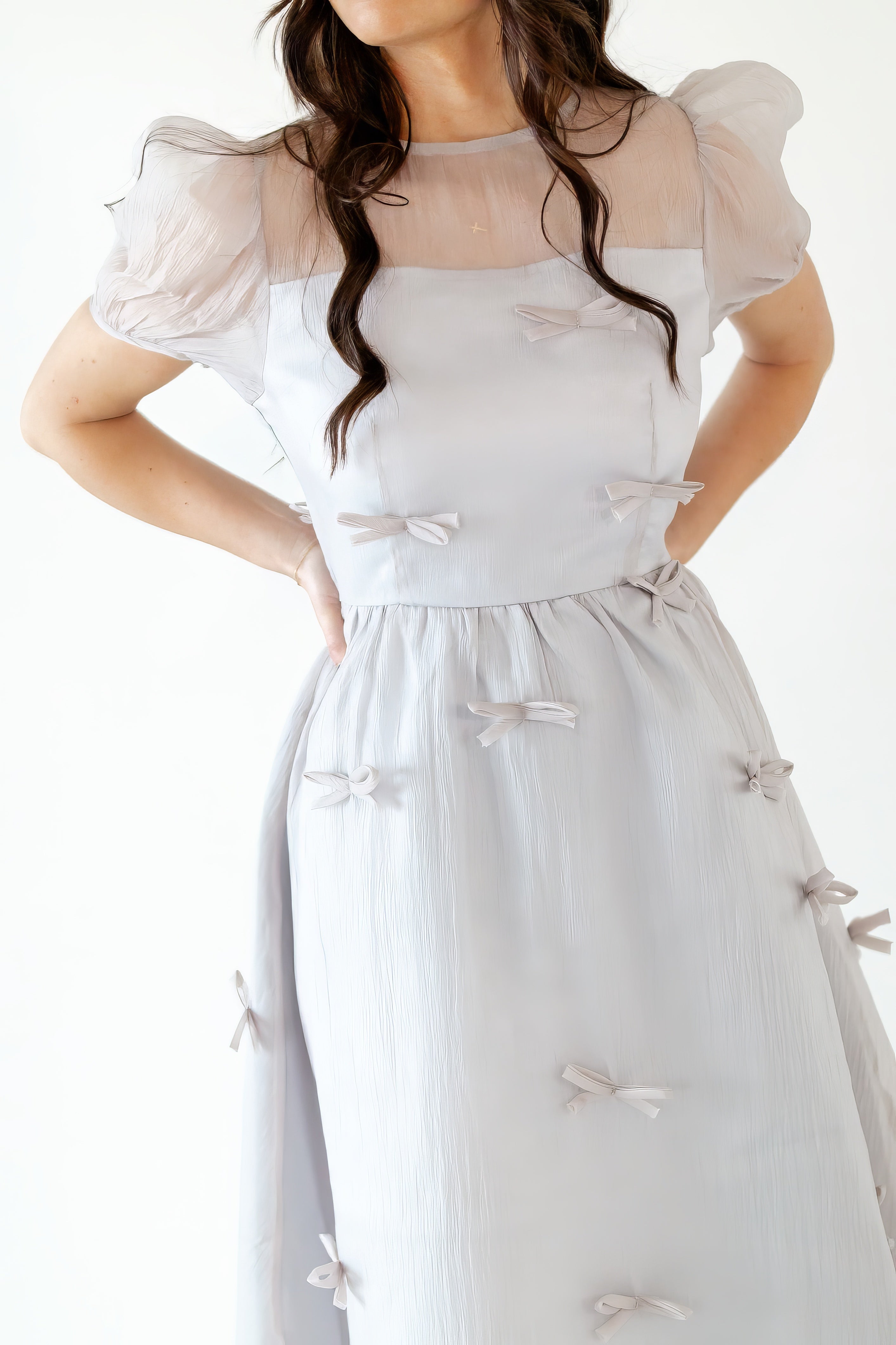 Silver Bow Organza Midi Dress