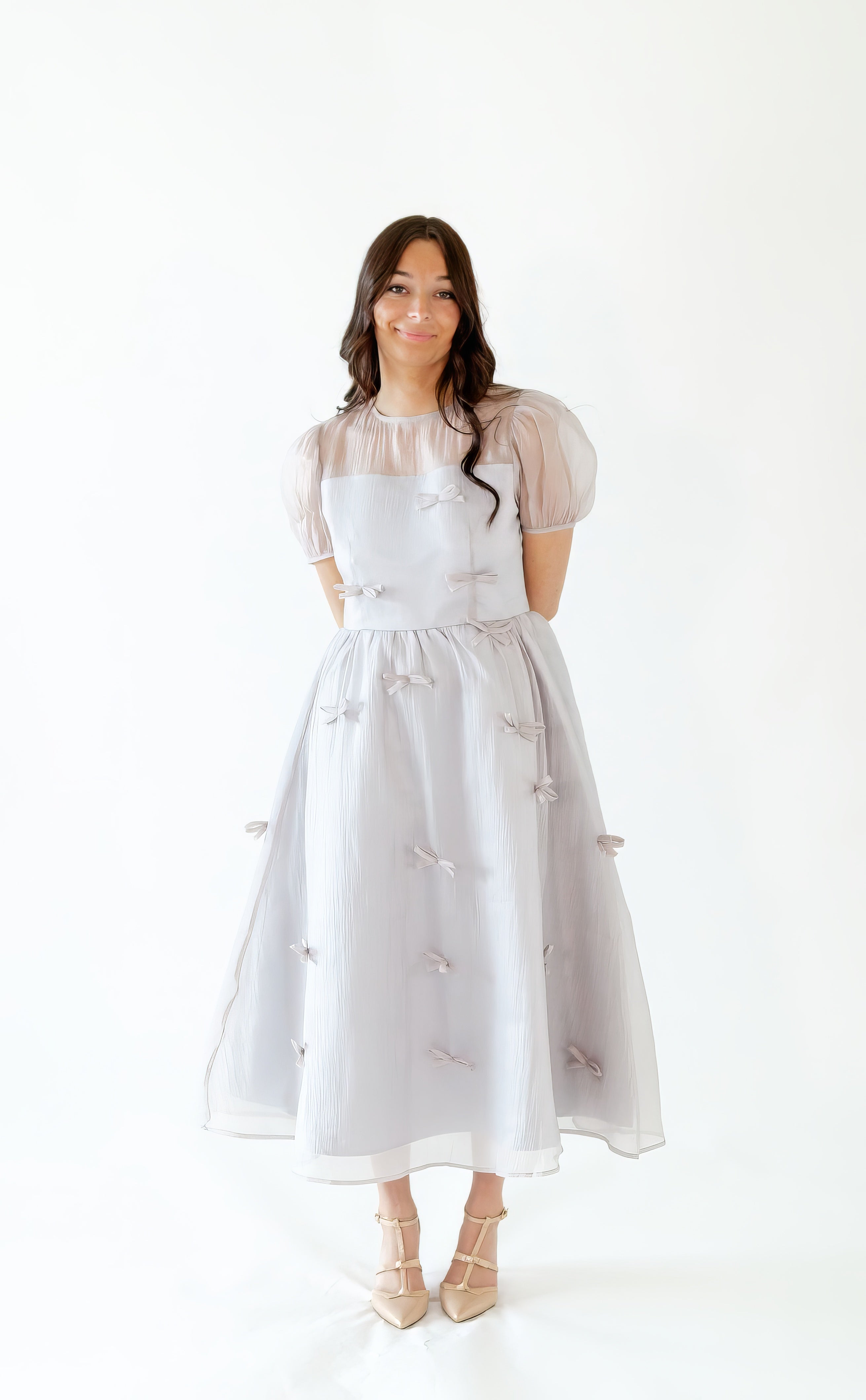 Silver Bow Organza Midi Dress