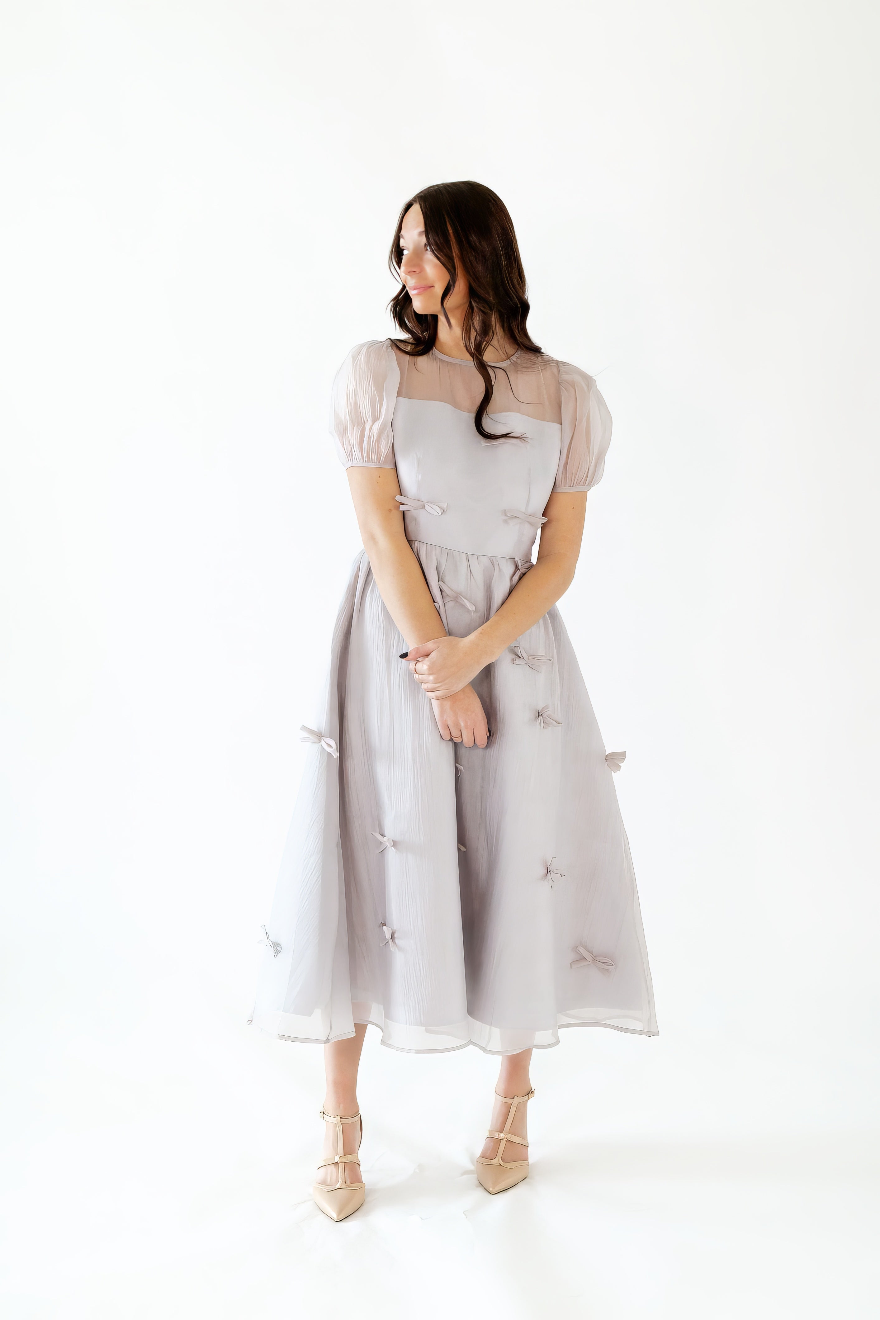 Silver Bow Organza Midi Dress